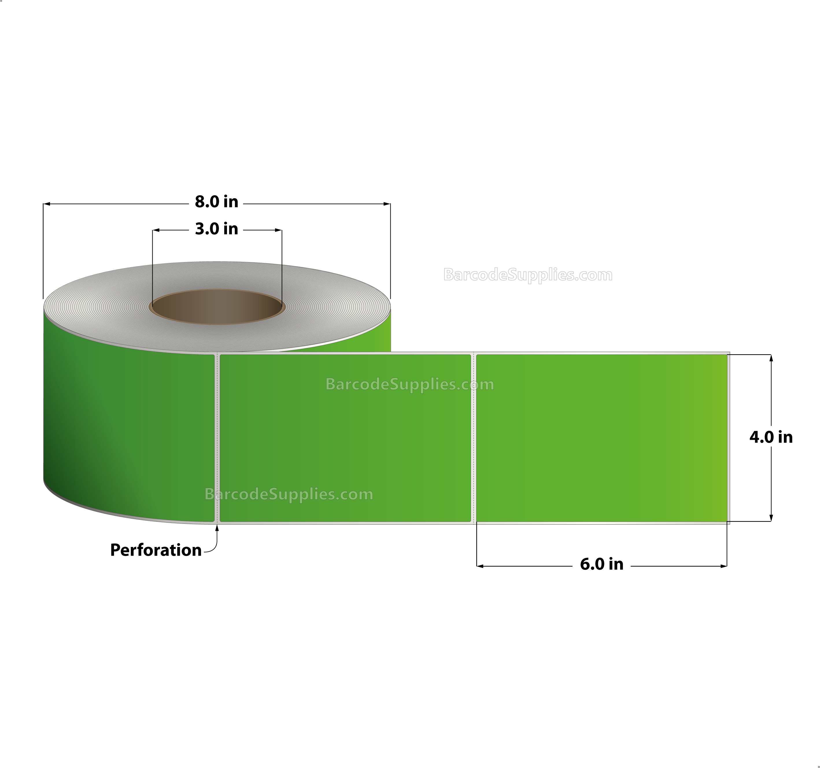 4 x 6 Thermal Transfer Fluorescent 802 Green Labels With Permanent Adhesive - Perforated - 1000 Labels Per Roll - Carton Of 4 Rolls - 4000 Labels Total - MPN: FL-4-6-1000-GR