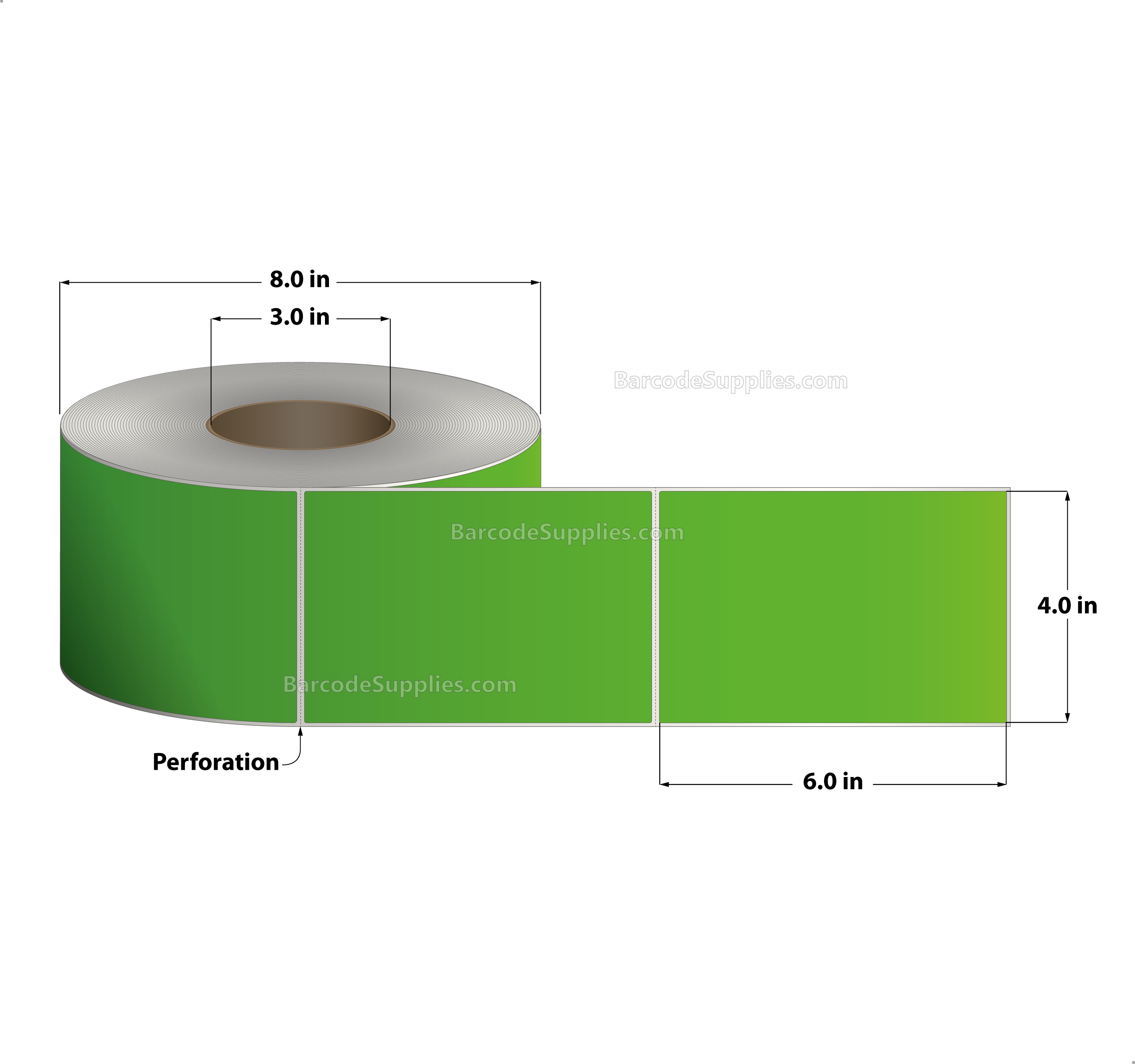 4 x 6 Thermal Transfer Fluorescent Green Labels With Permanent Acrylic Adhesive - Perforated - 1000 Labels Per Roll - Carton Of 4 Rolls - 4000 Labels Total - MPN: TH46-1PFG