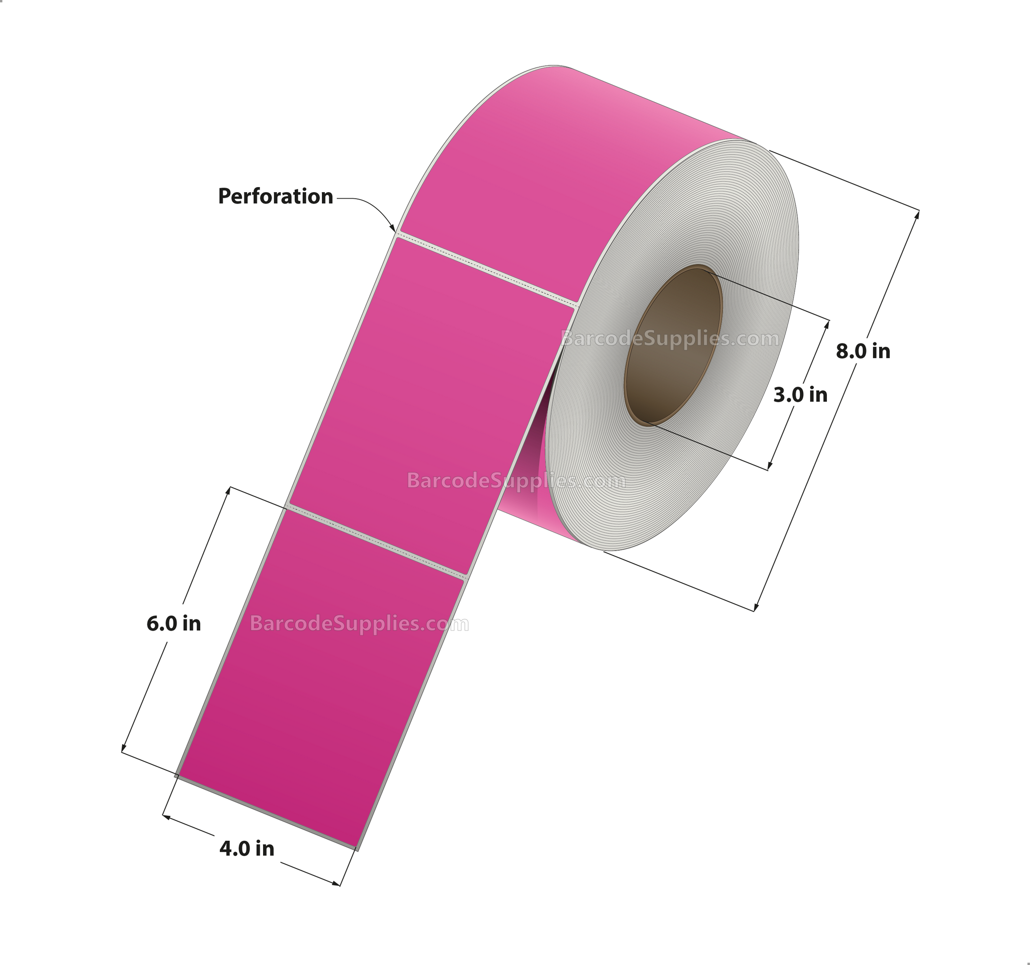 4 x 6 Thermal Transfer Fluorescent Pink Labels With Permanent Acrylic Adhesive - Perforated - 1000 Labels Per Roll - Carton Of 4 Rolls - 4000 Labels Total - MPN: TH46-1PFP