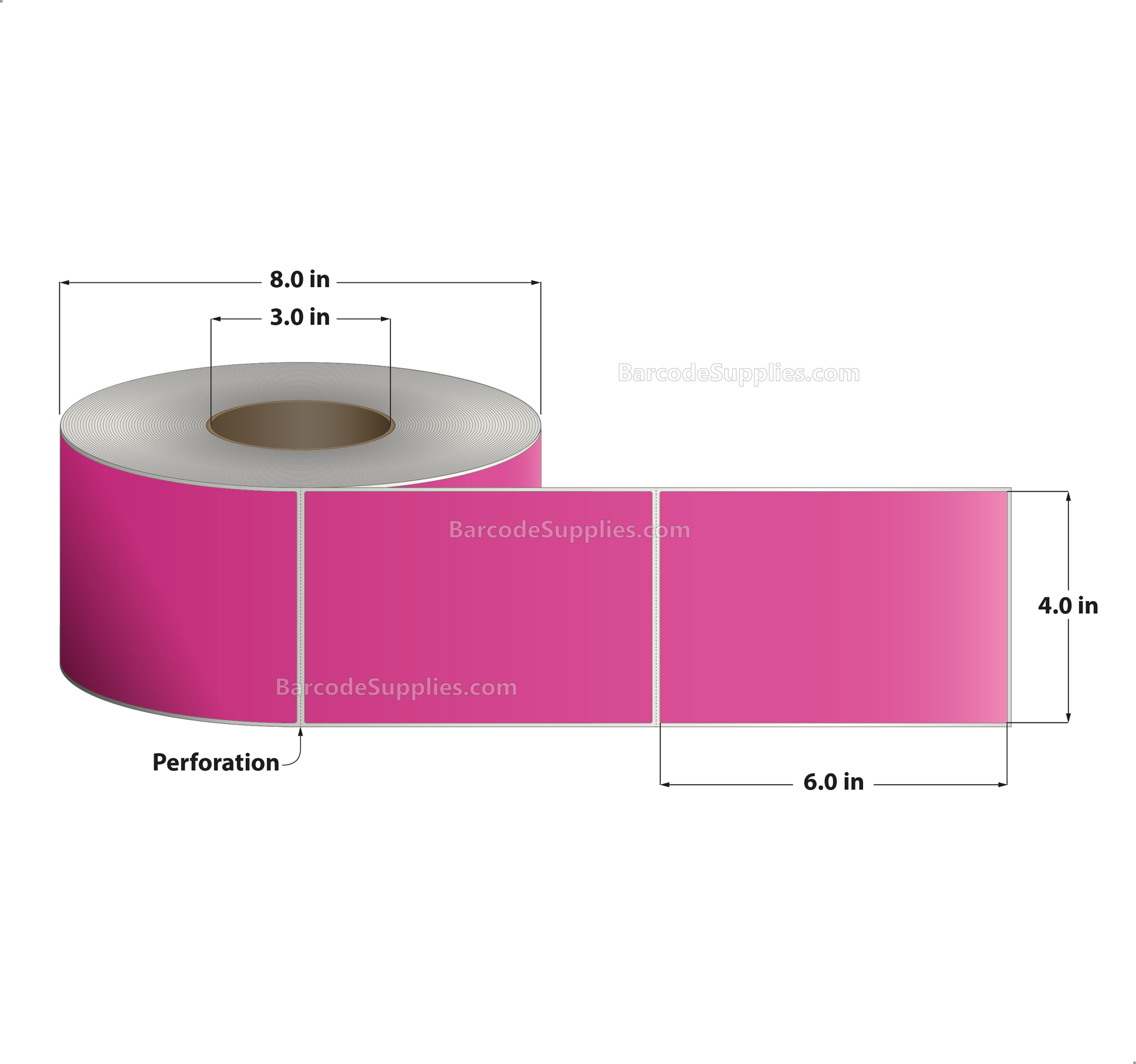 4 x 6 Thermal Transfer Fluorescent 806 Pink Labels With Permanent Adhesive - Perforated - 1000 Labels Per Roll - Carton Of 4 Rolls - 4000 Labels Total - MPN: FL-4-6-1000-PK