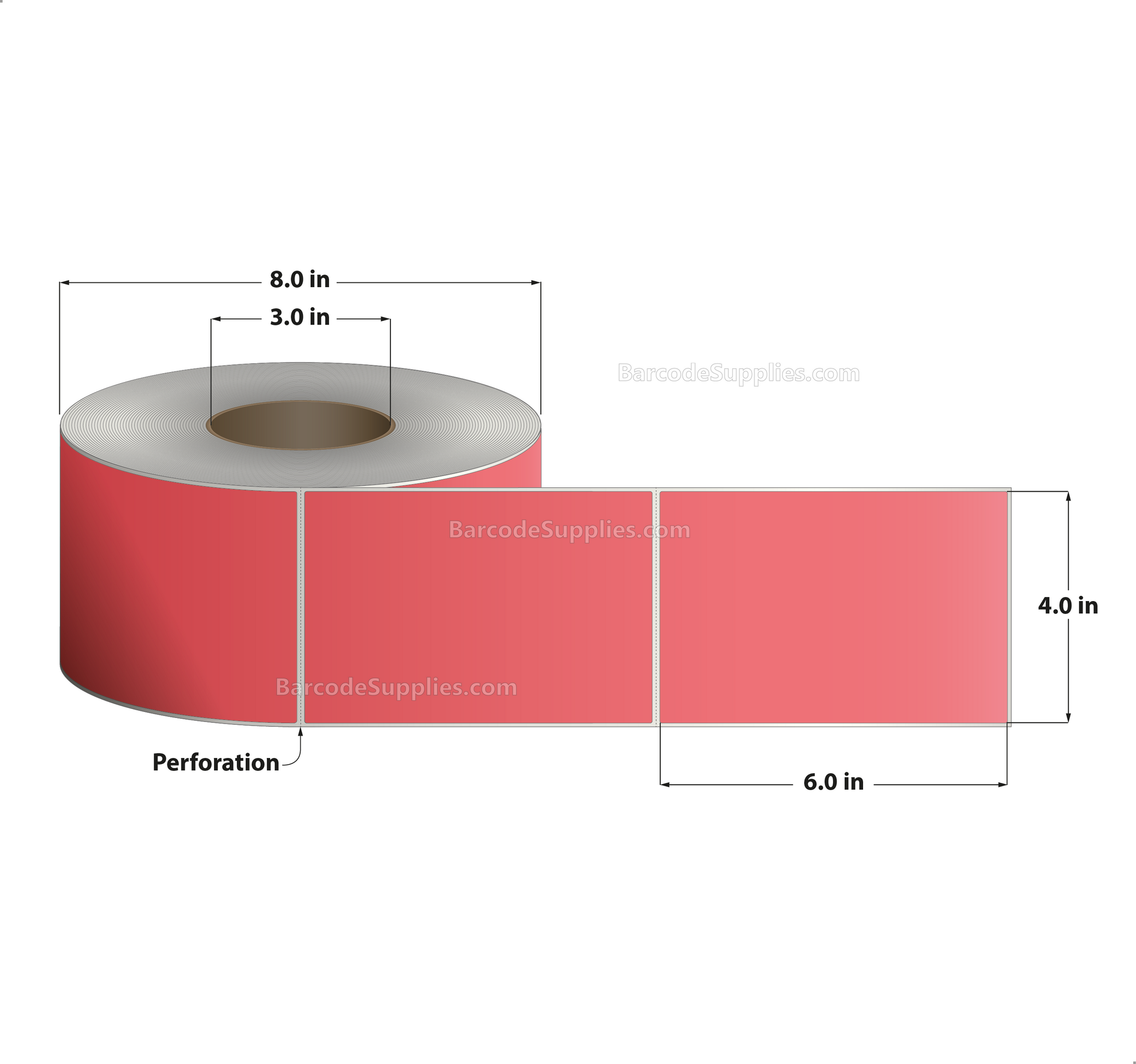 4 x 6 Thermal Transfer Fluorescent 805 Red Labels With Permanent Adhesive - Perforated - 1000 Labels Per Roll - Carton Of 4 Rolls - 4000 Labels Total - MPN: FL-4-6-1000-RD