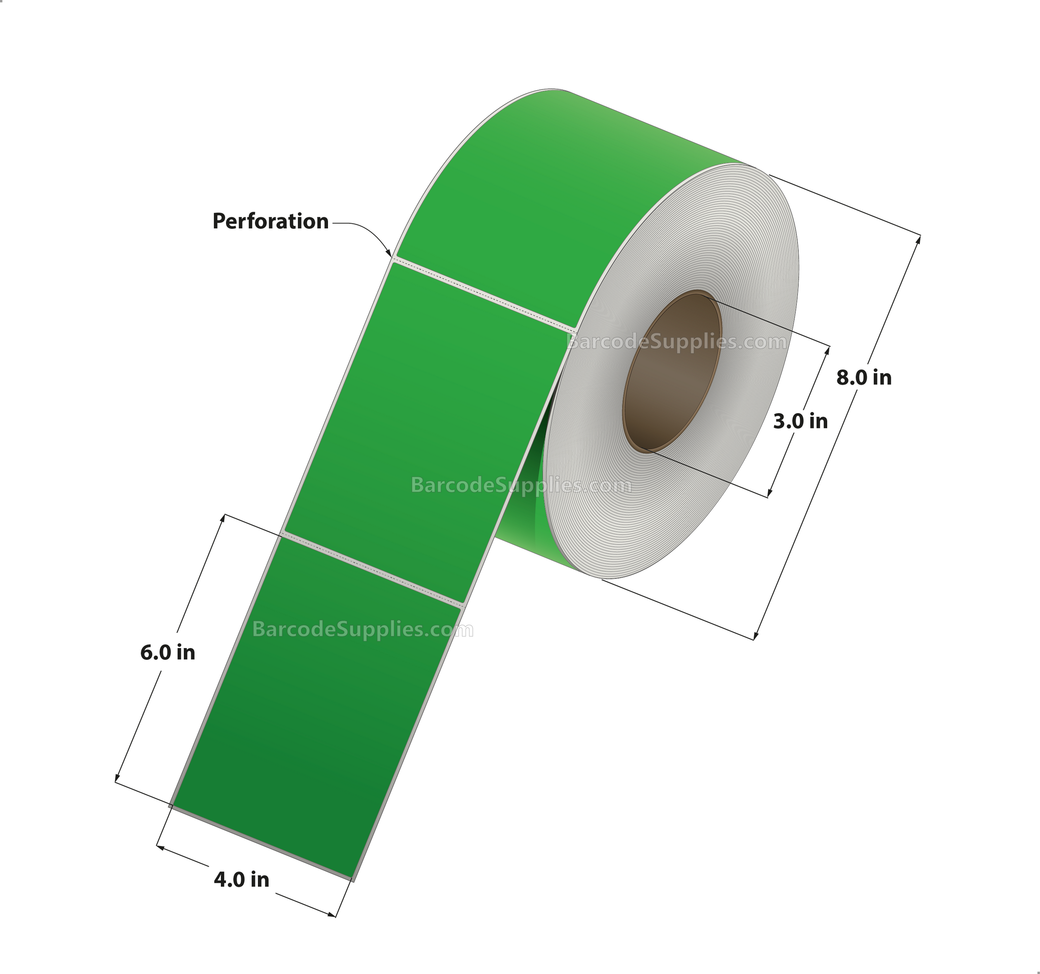 4 x 6 Thermal Transfer Dk Green Labels With Rubber Adhesive - Perforated - 1000 Labels Per Roll - Carton Of 4 Rolls - 4000 Labels Total - MPN: CTT400600-3PF-DK GREEN