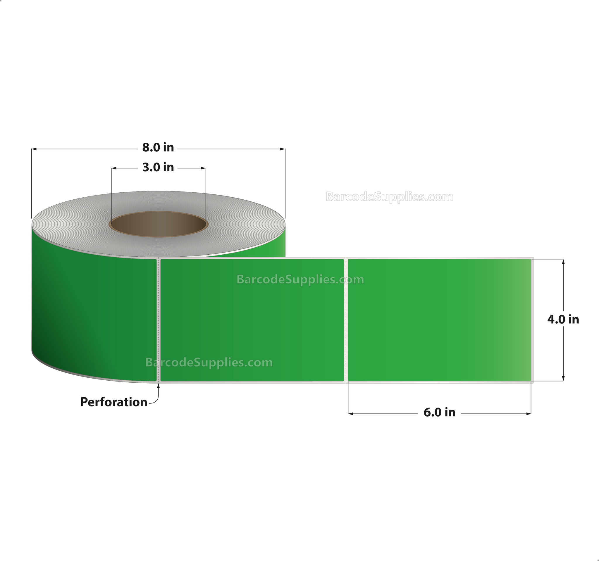 4 x 6 Thermal Transfer Dk Green Labels With Rubber Adhesive - Perforated - 1000 Labels Per Roll - Carton Of 4 Rolls - 4000 Labels Total - MPN: CTT400600-3PF-DK GREEN