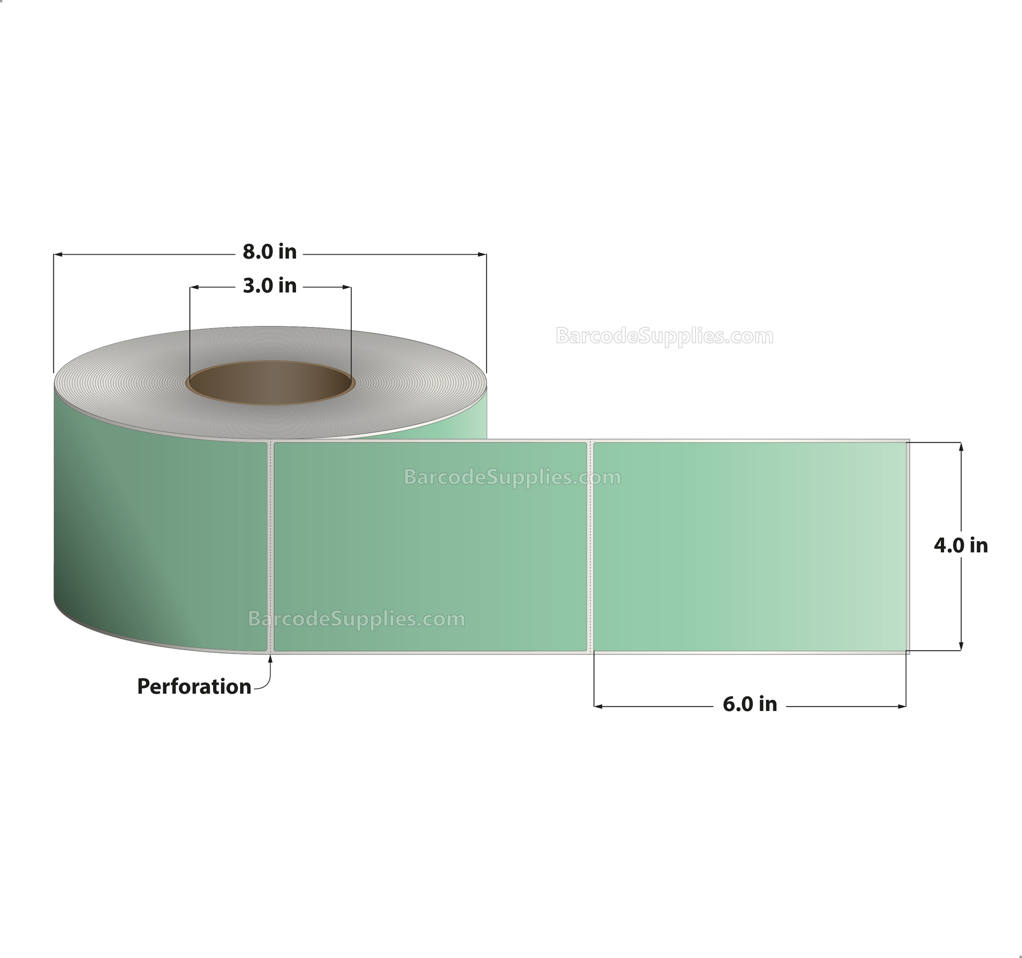 4 x 6 Thermal Transfer 345 Green Labels With Permanent Adhesive - Perforated - 1000 Labels Per Roll - Carton Of 4 Rolls - 4000 Labels Total - MPN: RFC-4-6-1000-GR