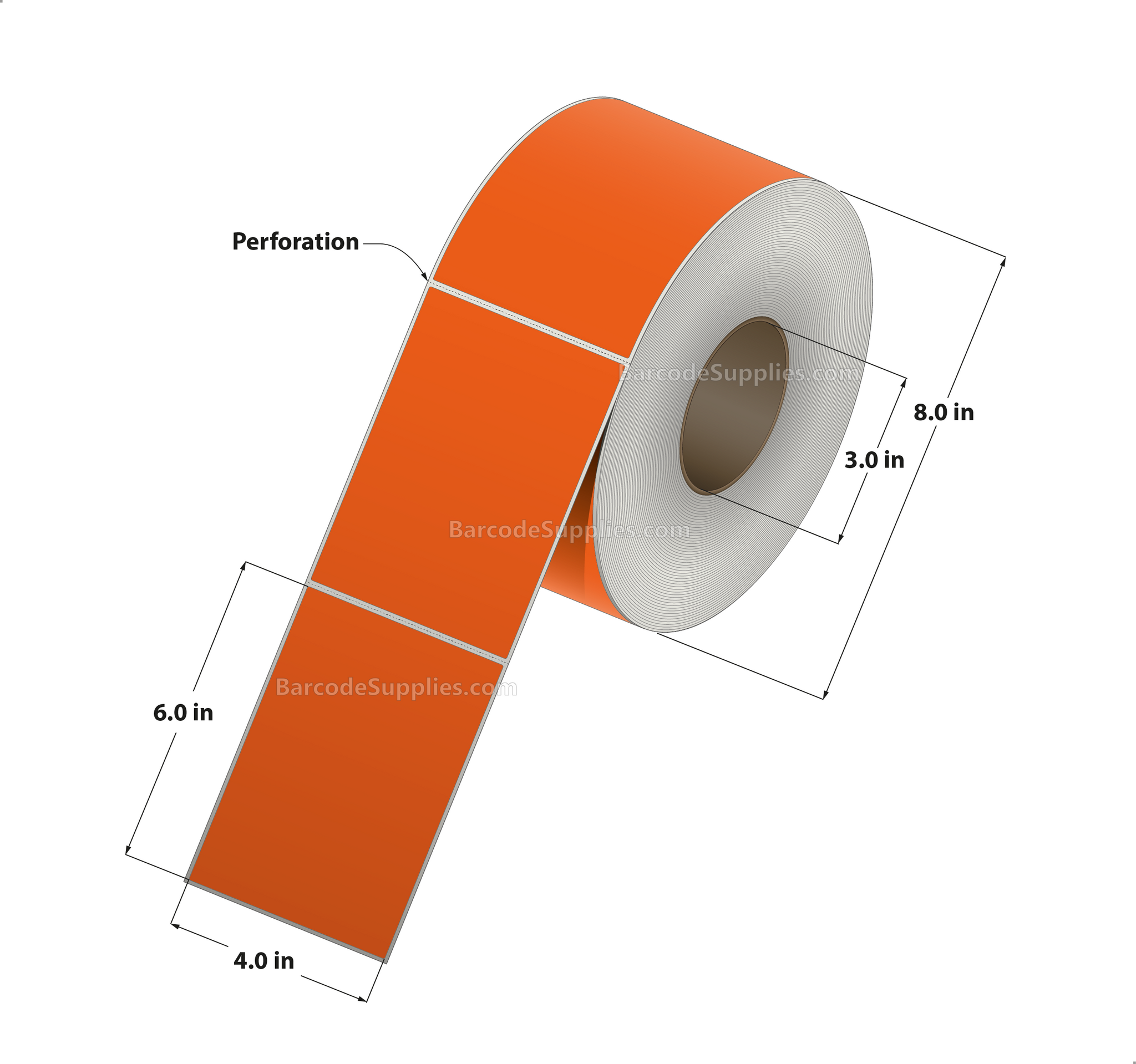 4 x 6 Direct Thermal Orange Labels With Acrylic Adhesive - Perforated - 1000 Labels Per Roll - Carton Of 4 Rolls - 4000 Labels Total - MPN: RD-4-6-1000-OR