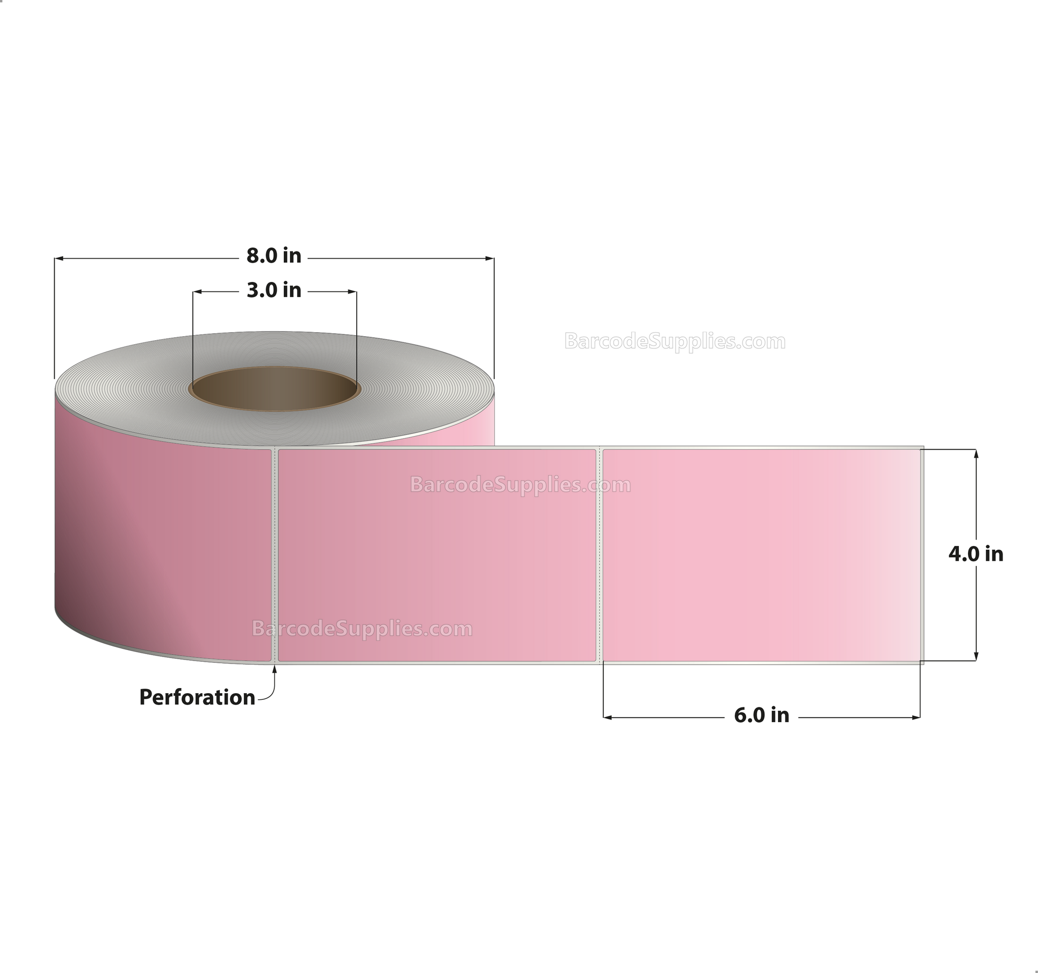 4 x 6 Thermal Transfer 196 Pink Labels With Permanent Acrylic Adhesive - Perforated - 1000 Labels Per Roll - Carton Of 4 Rolls - 4000 Labels Total - MPN: TH46-1PP