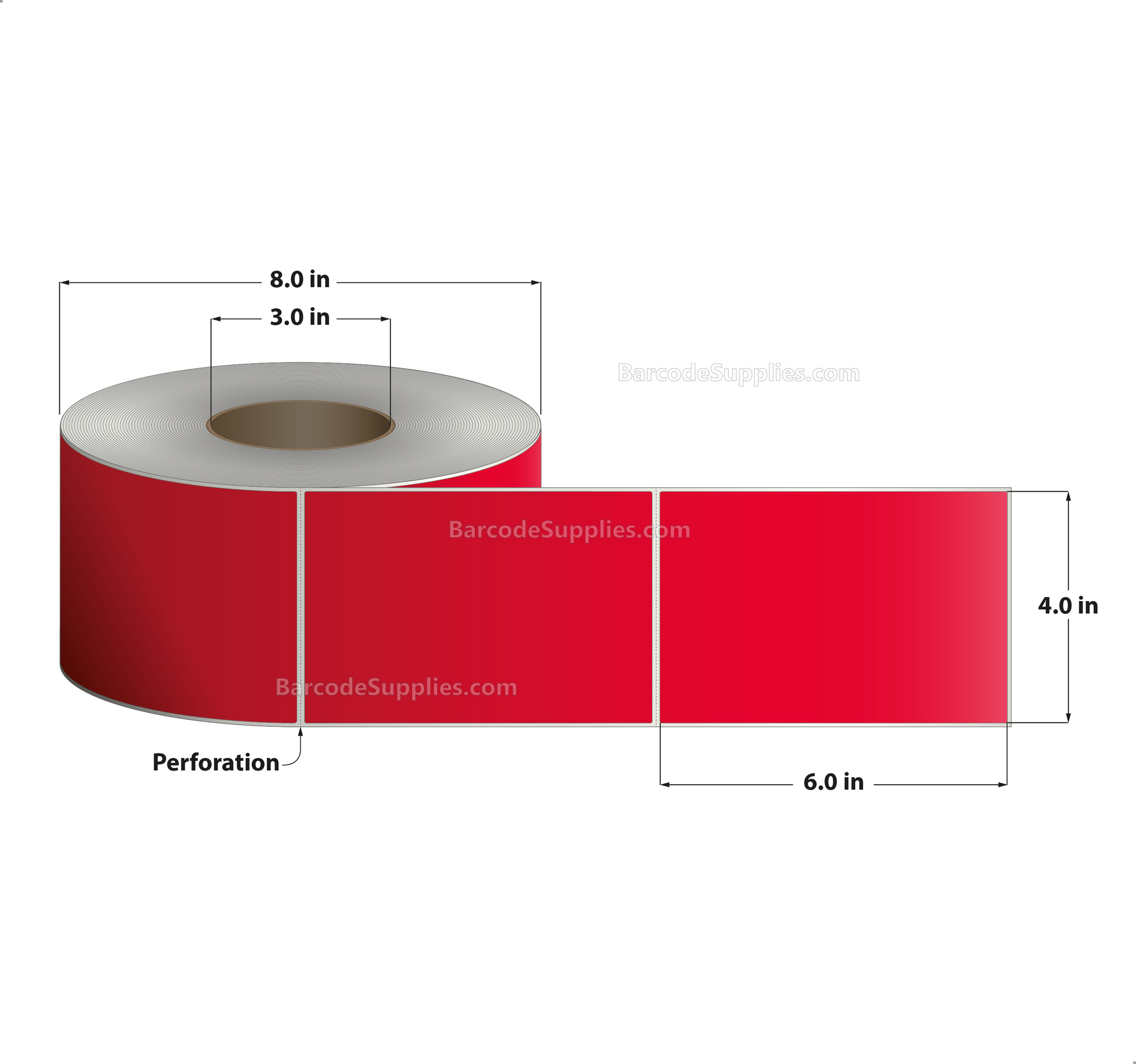 4 x 6 Thermal Transfer 032 Red Labels With Permanent Adhesive - Perforated - 1000 Labels Per Roll - Carton Of 4 Rolls - 4000 Labels Total - MPN: RFC-4-6-1000-RD
