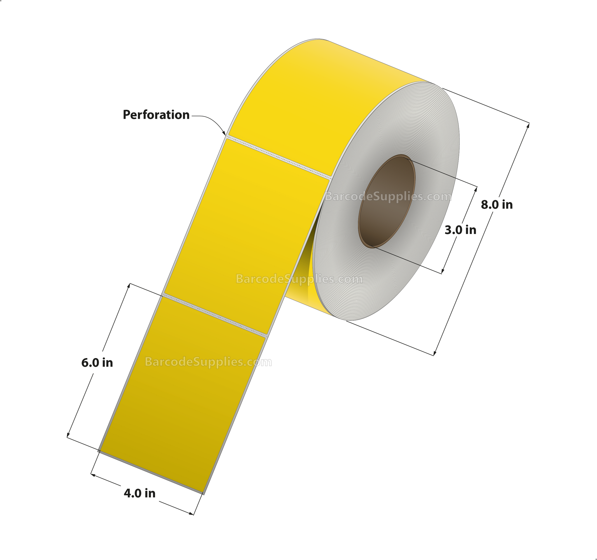 4 x 6 Thermal Transfer Yellow Labels With Rubber Adhesive - Perforated - 1000 Labels Per Roll - Carton Of 4 Rolls - 4000 Labels Total - MPN: CTT400600-3PF-YELLOW