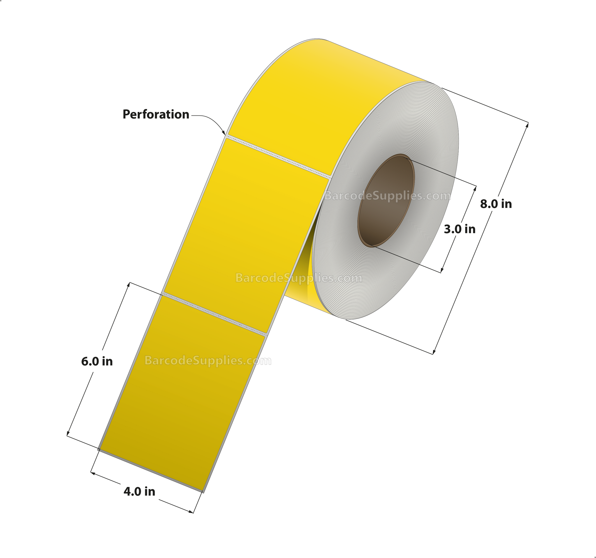 4 x 6 Direct Thermal Yellow Labels With Acrylic Adhesive - Perforated - 1000 Labels Per Roll - Carton Of 4 Rolls - 4000 Labels Total - MPN: RD-4-6-1000-YL