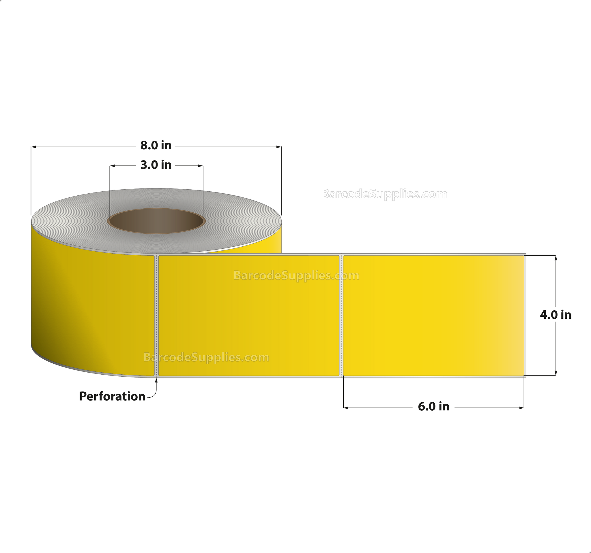 4 x 6 Thermal Transfer Yellow Labels With Rubber Adhesive - Perforated - 1000 Labels Per Roll - Carton Of 4 Rolls - 4000 Labels Total - MPN: CTT400600-3PF-YELLOW