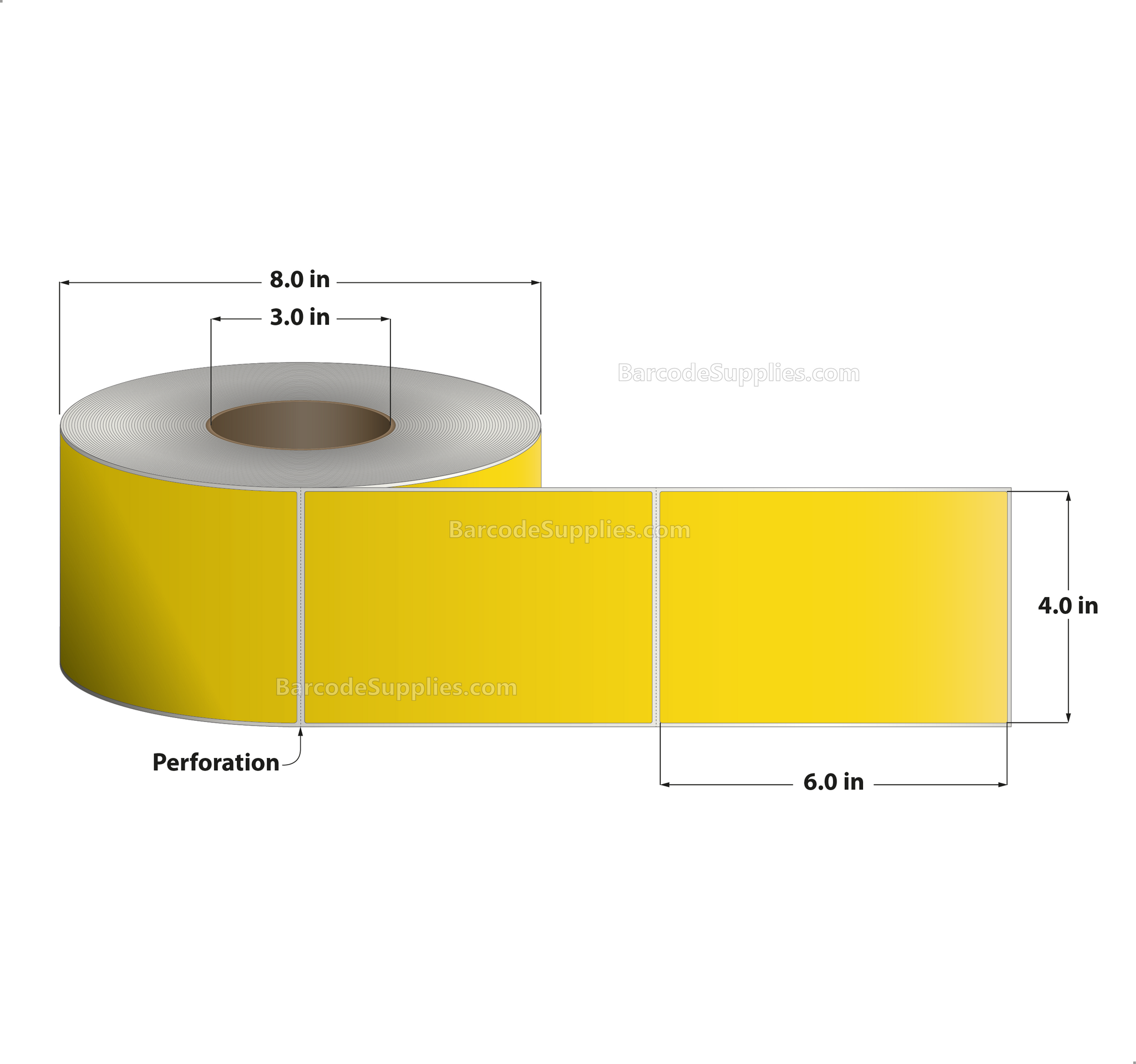 4 x 6 Direct Thermal Yellow Labels With Acrylic Adhesive - Perforated - 1000 Labels Per Roll - Carton Of 4 Rolls - 4000 Labels Total - MPN: RD-4-6-1000-YL