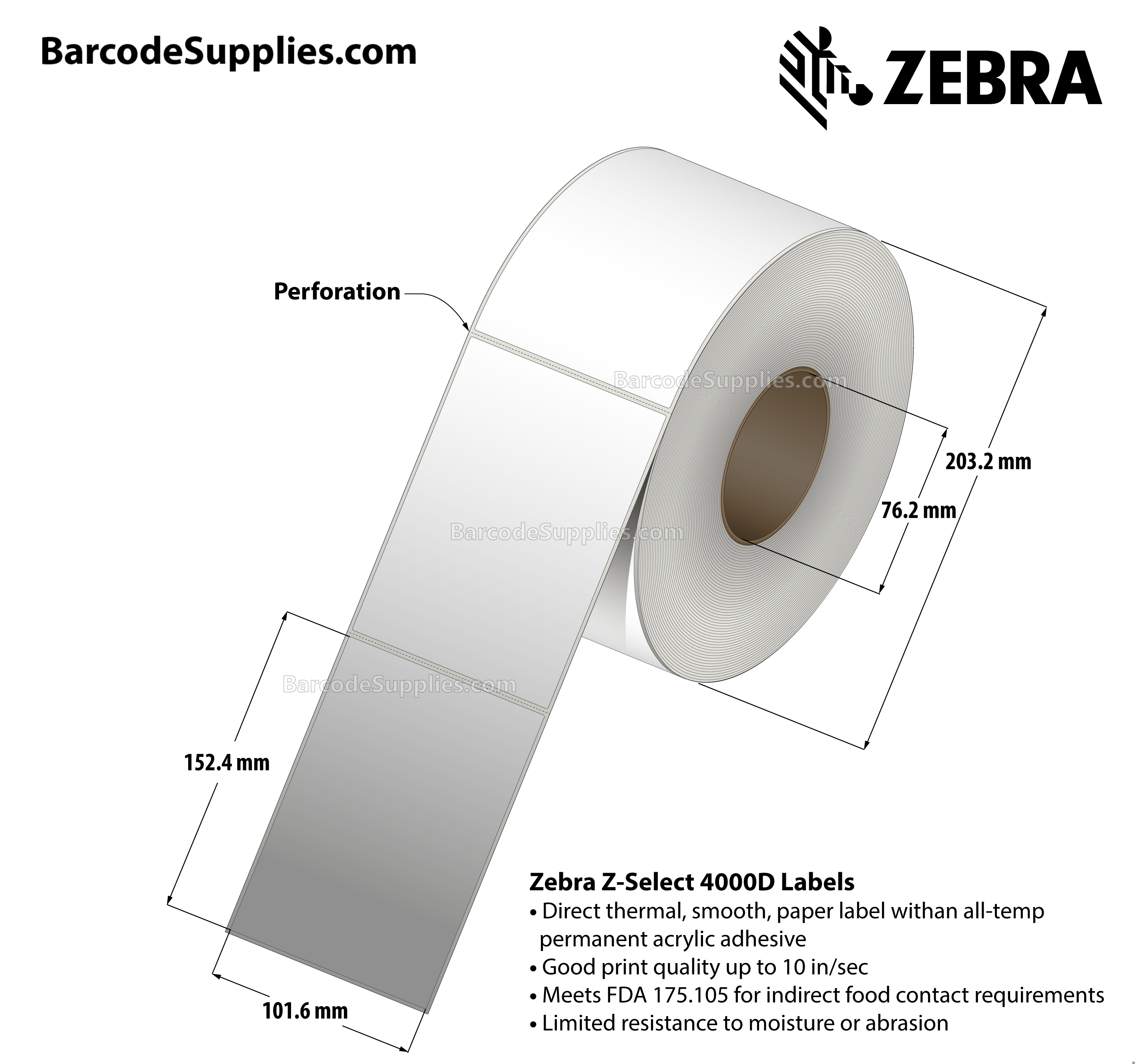 4 x 6 Direct Thermal White Z-Select 4000D Labels With All-Temp Adhesive - Perforated - 940 Labels Per Roll - Carton Of 4 Rolls - 3760 Labels Total - MPN: 98959