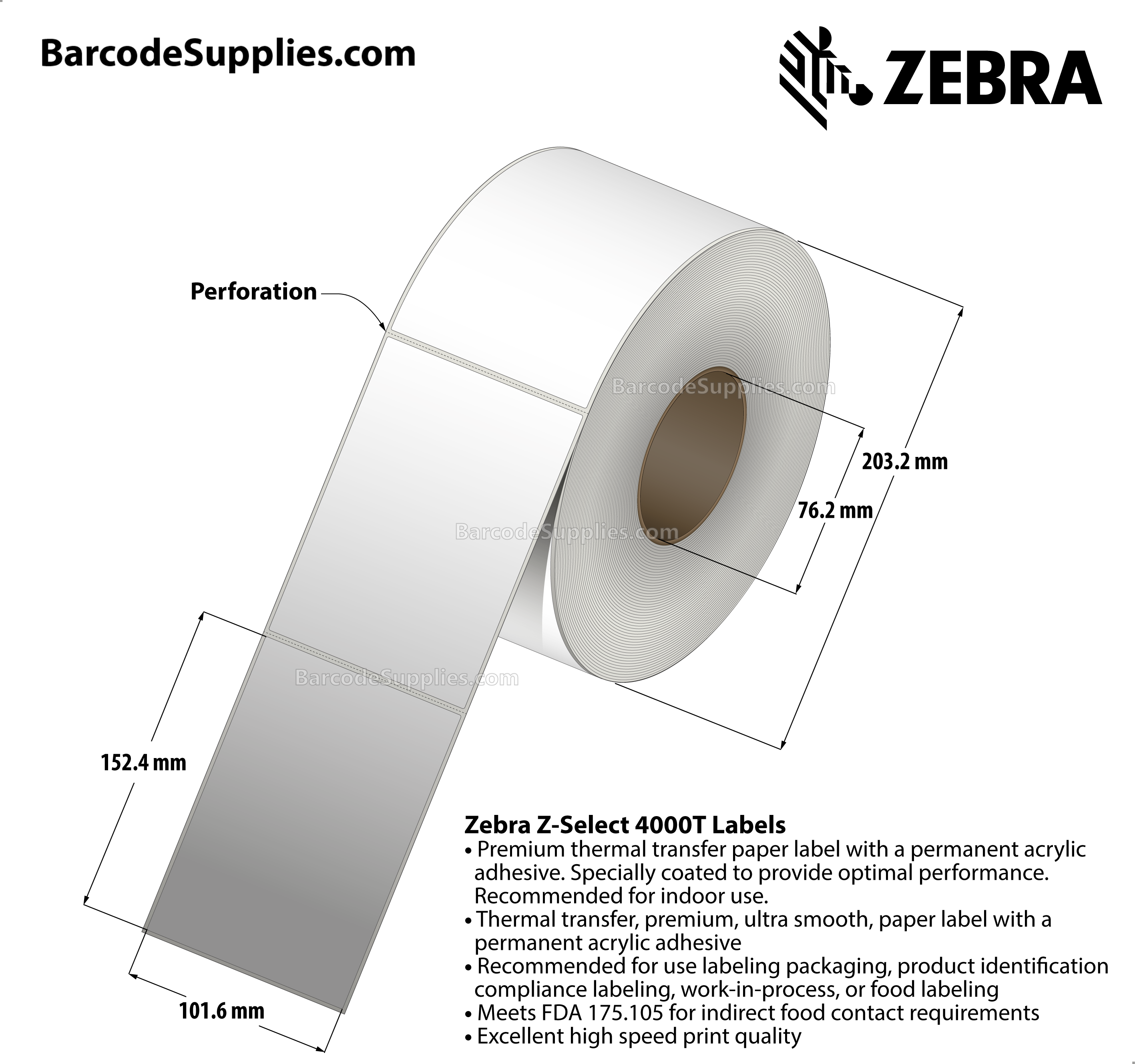 4 x 6 Thermal Transfer White Z-Select 4000T Labels With Permanent Adhesive - Perforated - 950 Labels Per Roll - Carton Of 4 Rolls - 3800 Labels Total - MPN: 72294