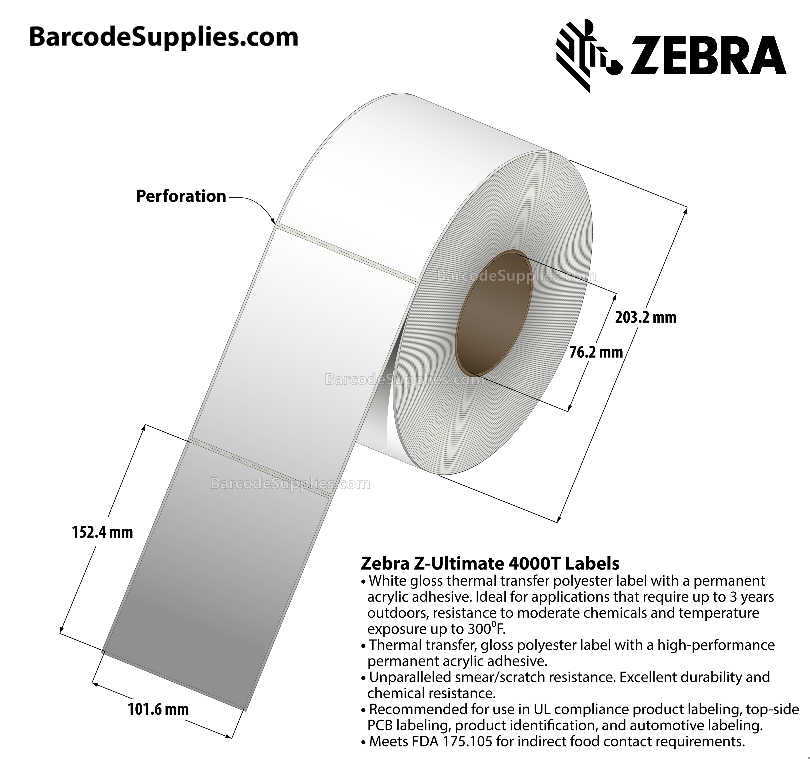 4 x 6 Thermal Transfer White Z-Ultimate 4000T Labels With Permanent Adhesive - Perforated - 960 Labels Per Roll - Carton Of 4 Rolls - 3840 Labels Total - MPN: 10002628