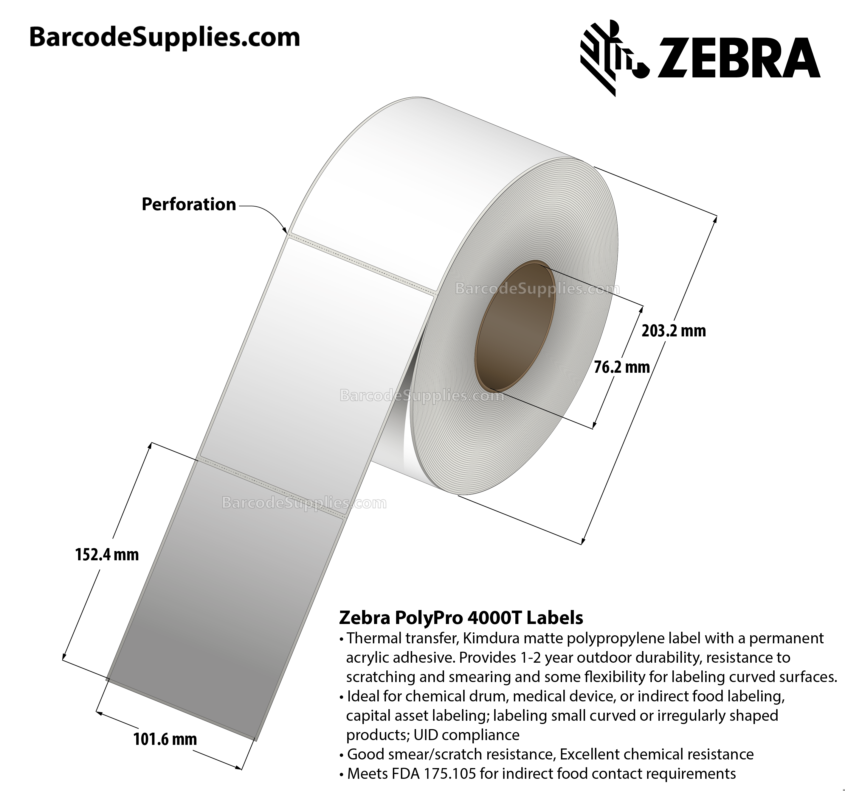 4 x 6 Thermal Transfer White PolyPro 4000T Labels With Permanent Adhesive - Perforated - 720 Labels Per Roll - Carton Of 4 Rolls - 2880 Labels Total - MPN: 10008530