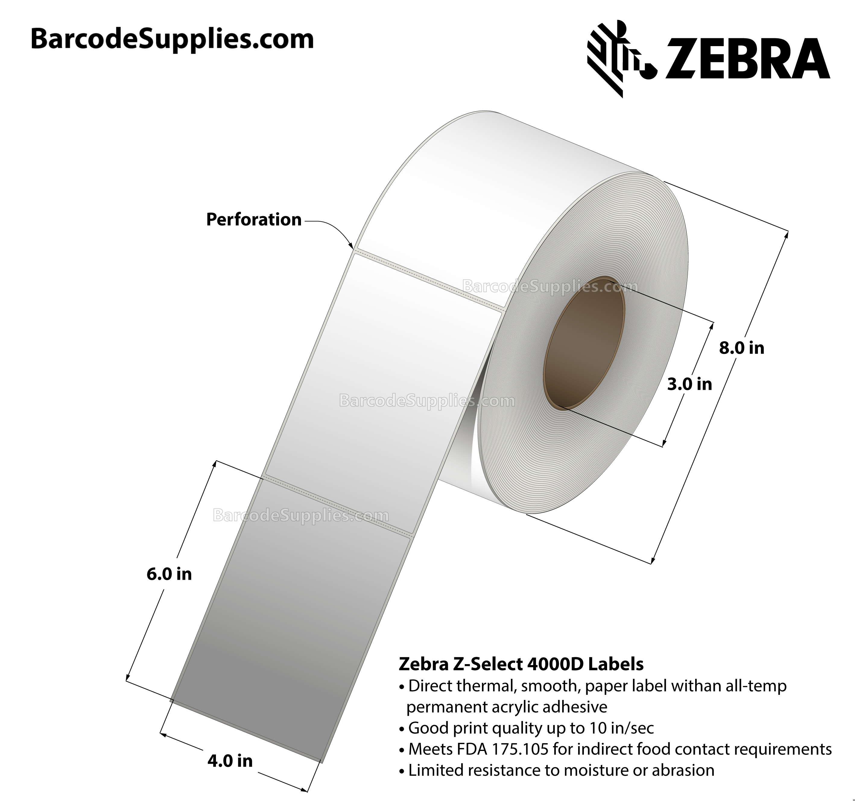 4 x 6 Direct Thermal White Z-Select 4000D Labels With All-Temp Adhesive - Perforated - 940 Labels Per Roll - Carton Of 4 Rolls - 3760 Labels Total - MPN: 98959
