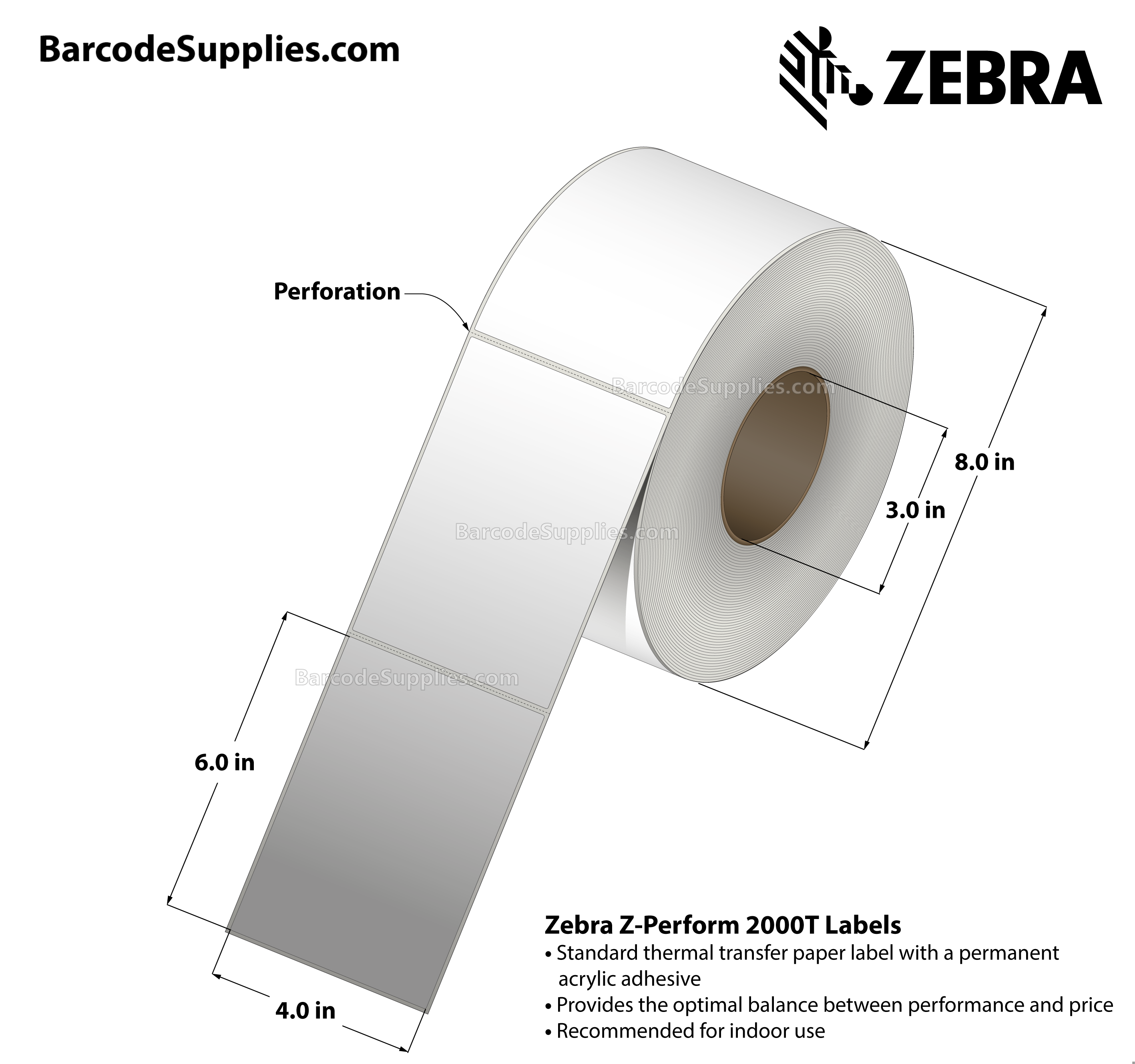 4 x 6 Thermal Transfer White Z-Perform 2000T Labels With Permanent Adhesive - Perforated - 1000 Labels Per Roll - Carton Of 4 Rolls - 4000 Labels Total - MPN: 10000281