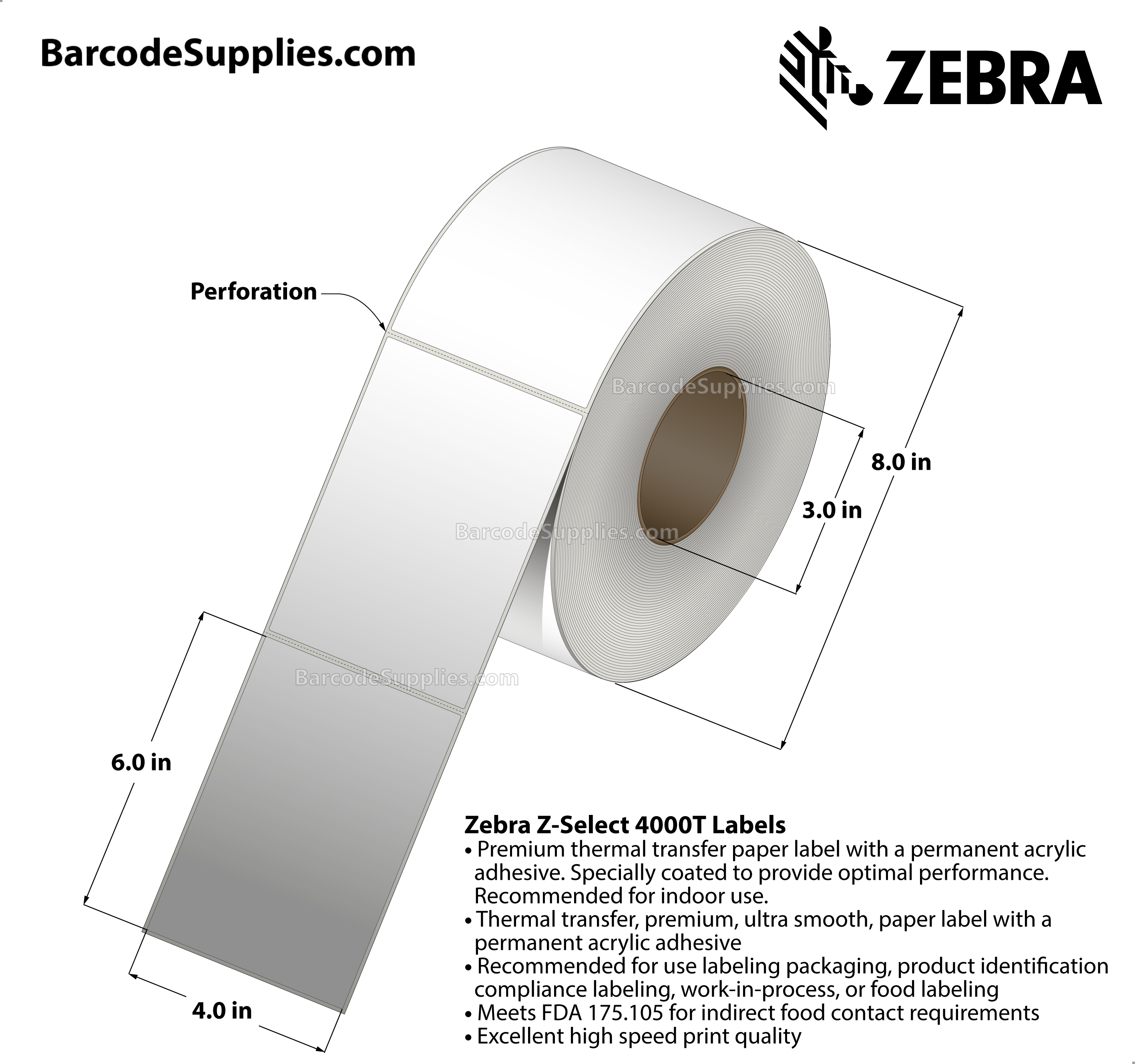 4 x 6 Thermal Transfer White Z-Select 4000T Labels With Permanent Adhesive - Perforated - 950 Labels Per Roll - Carton Of 4 Rolls - 3800 Labels Total - MPN: 72294