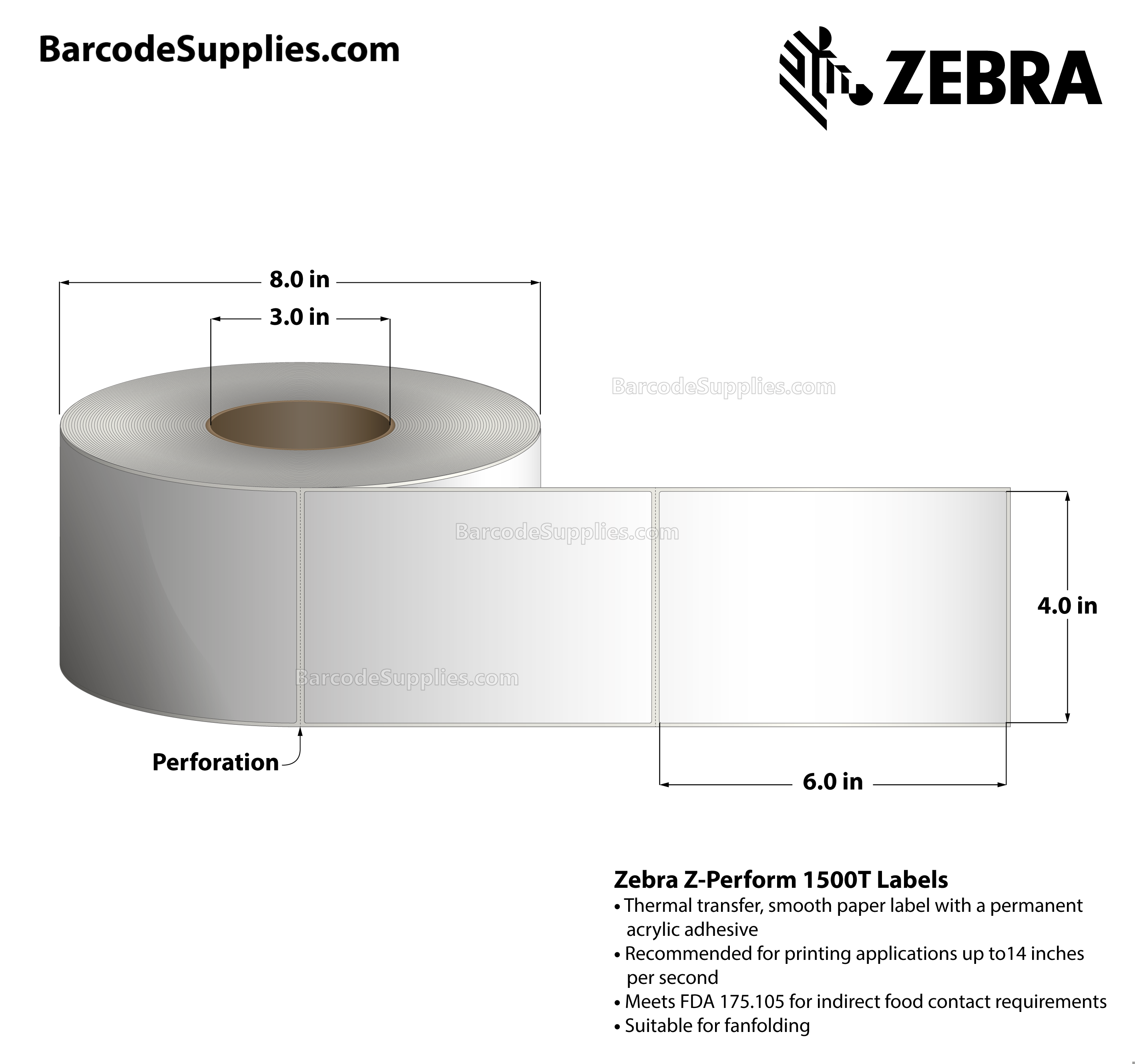 4 x 6 Thermal Transfer White Z-Perform 1500T Labels With Permanent Adhesive - Perforated - 1000 Labels Per Roll - Carton Of 4 Rolls - 4000 Labels Total - MPN: 10018340
