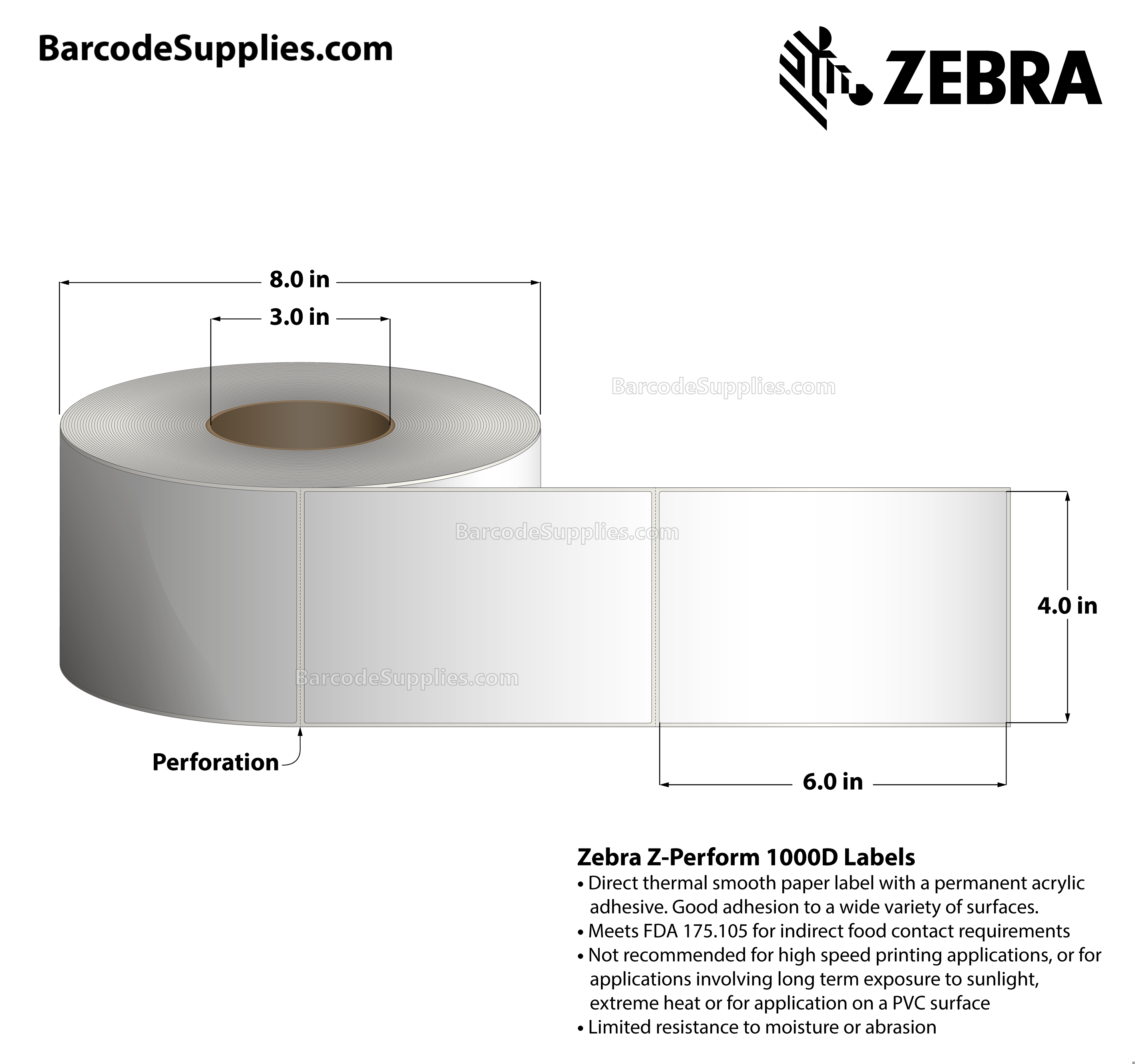4 x 6 Direct Thermal White Z-Perform 1000D Labels With Permanent Adhesive - Perforated - 1000 Labels Per Roll - Carton Of 4 Rolls - 4000 Labels Total - MPN: 10000301