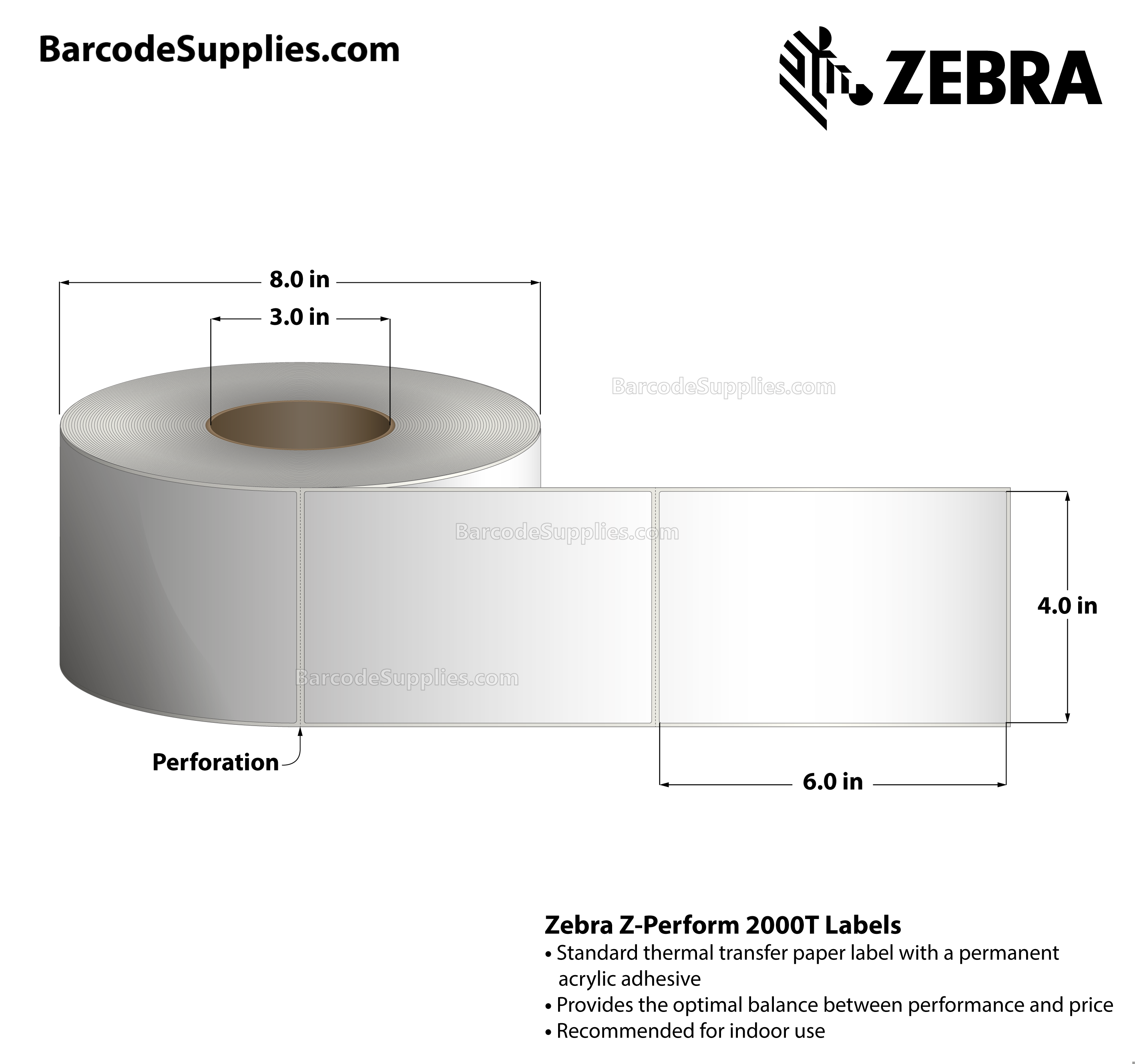 4 x 6 Thermal Transfer White Z-Perform 2000T Labels With Permanent Adhesive - Perforated - 1000 Labels Per Roll - Carton Of 4 Rolls - 4000 Labels Total - MPN: 10000281