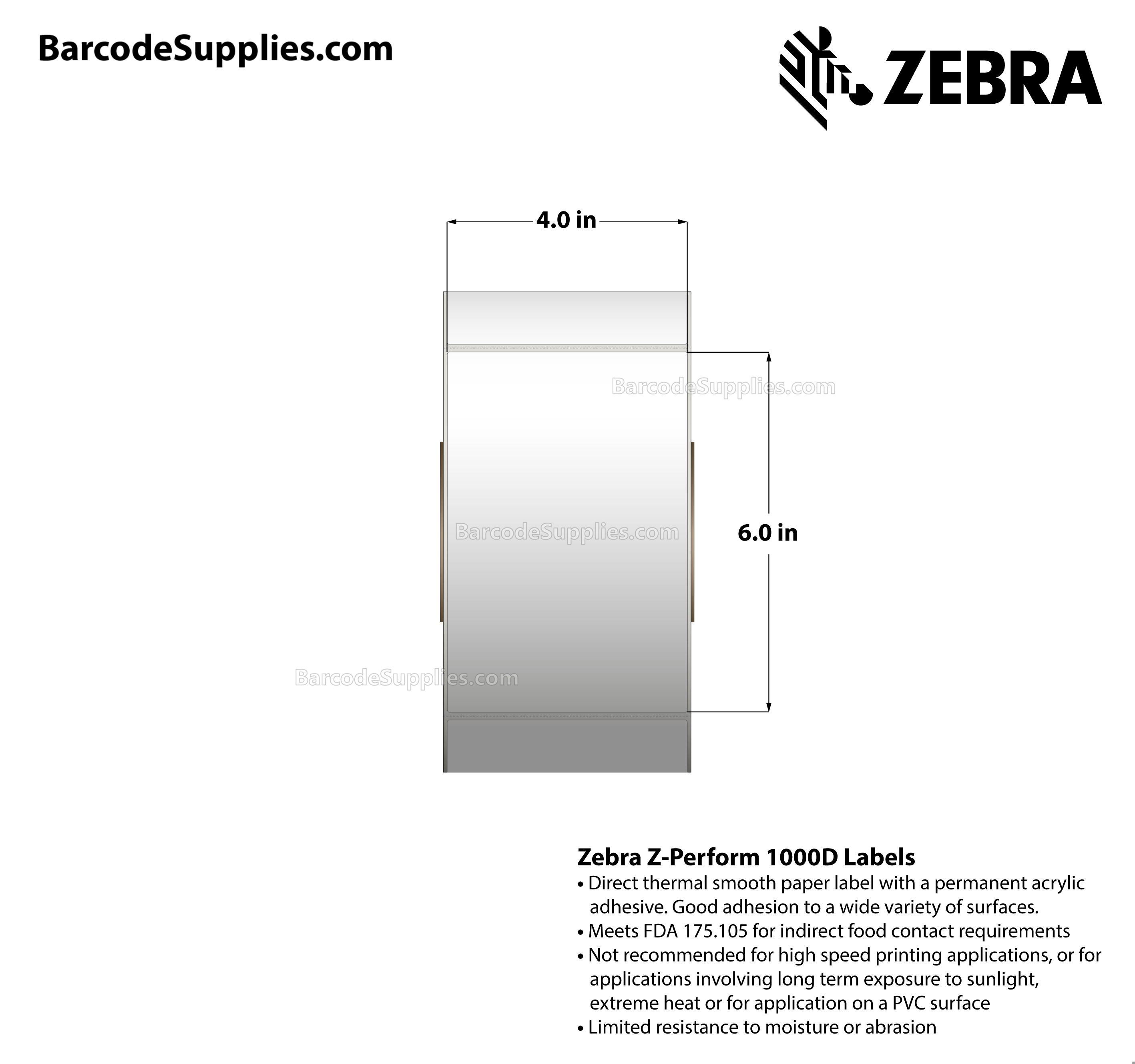 4 x 6 Direct Thermal White Z-Perform 1000D Labels With Permanent Adhesive - Perforated - 1000 Labels Per Roll - Carton Of 4 Rolls - 4000 Labels Total - MPN: 10000301