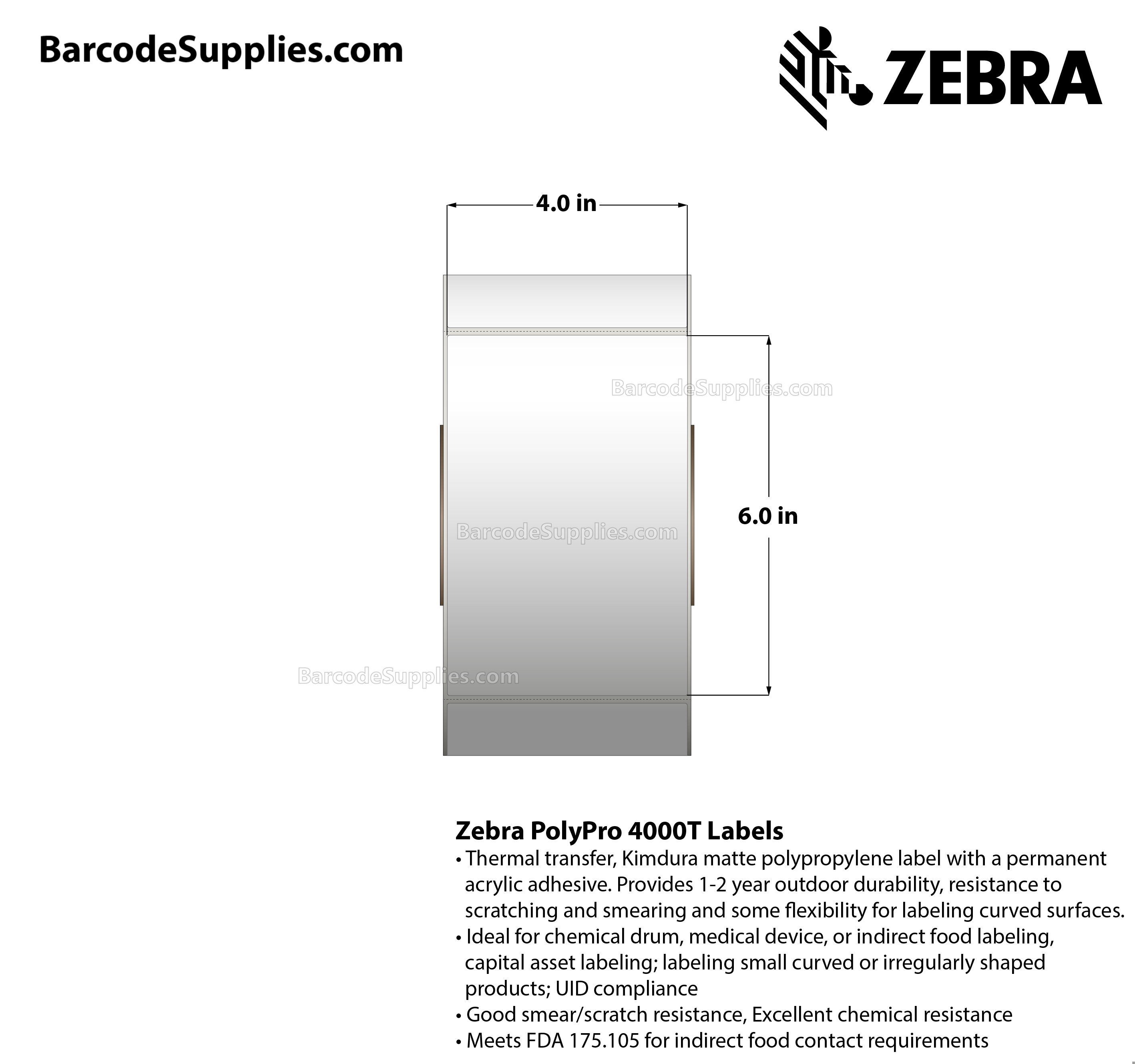 4 x 6 Thermal Transfer White PolyPro 4000T Labels With Permanent Adhesive - Perforated - 720 Labels Per Roll - Carton Of 4 Rolls - 2880 Labels Total - MPN: 10008530