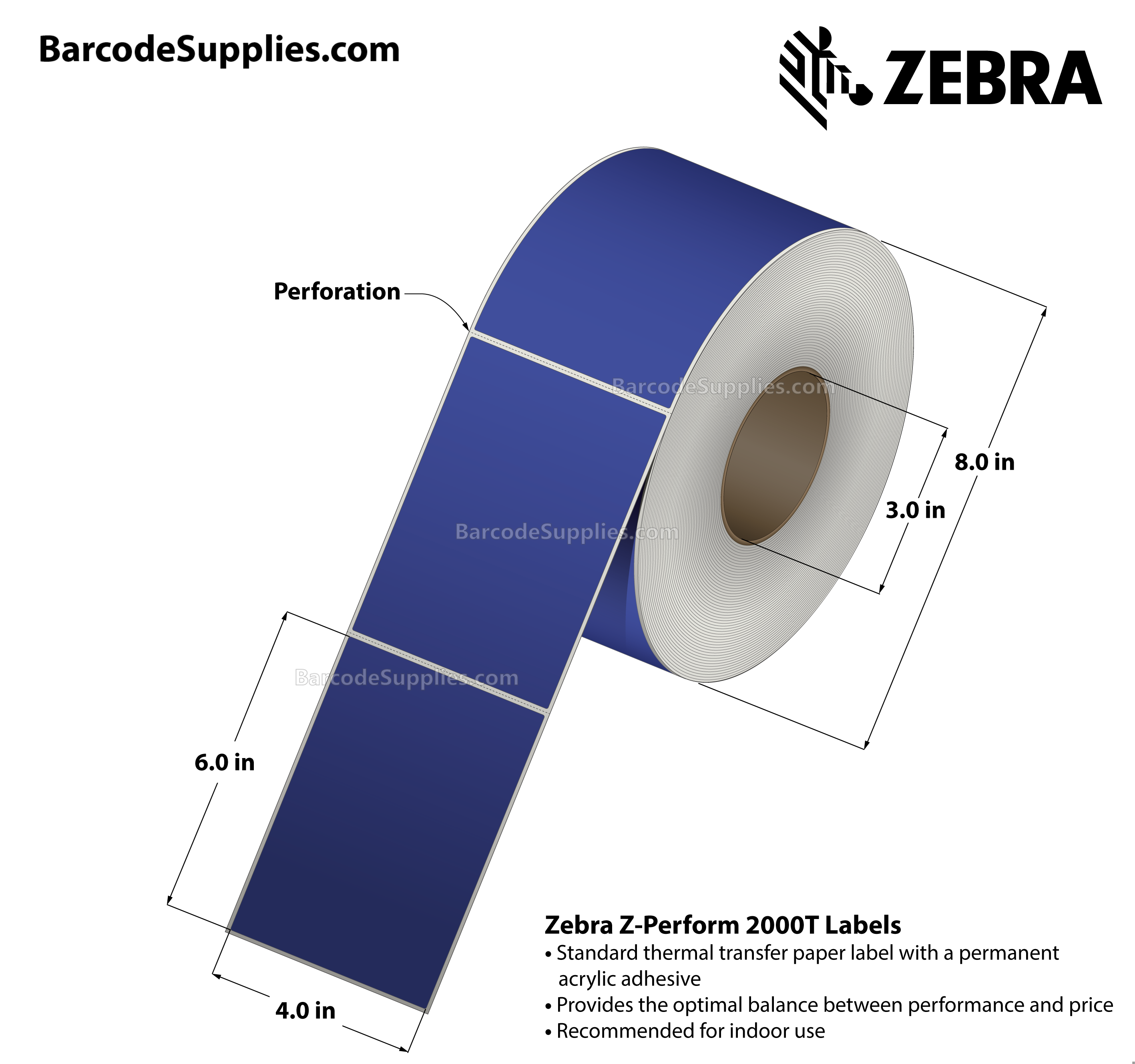 4 x 6 Thermal Transfer Blue Z-Perform 2000T Floodcoated (Blue) Labels With Permanent Adhesive - Perforated - 1000 Labels Per Roll - Carton Of 4 Rolls - 4000 Labels Total - MPN: 10006208