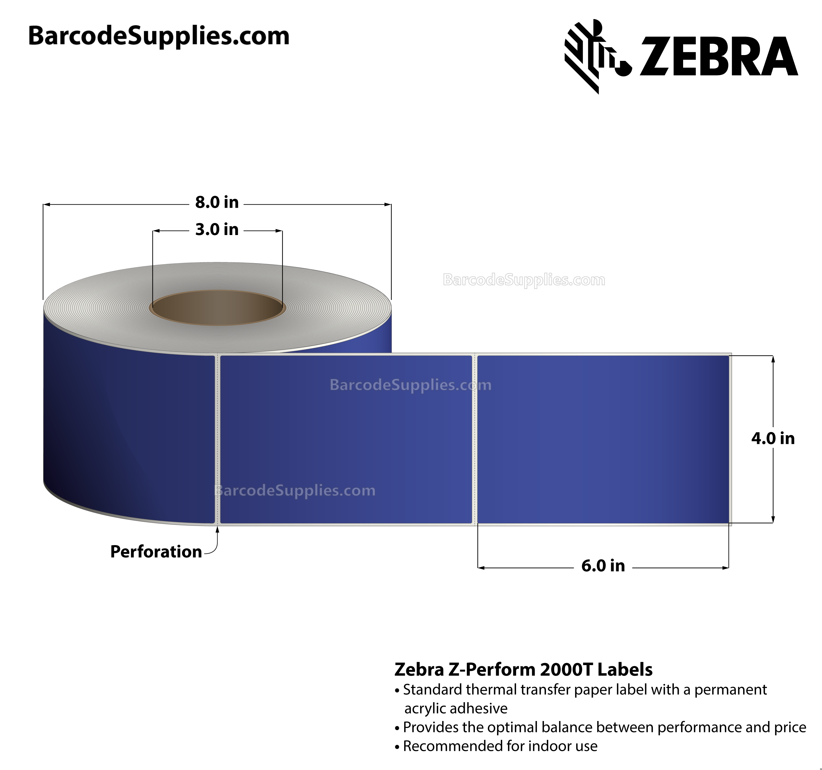 4 x 6 Thermal Transfer Blue Z-Perform 2000T Floodcoated (Blue) Labels With Permanent Adhesive - Perforated - 1000 Labels Per Roll - Carton Of 4 Rolls - 4000 Labels Total - MPN: 10006208