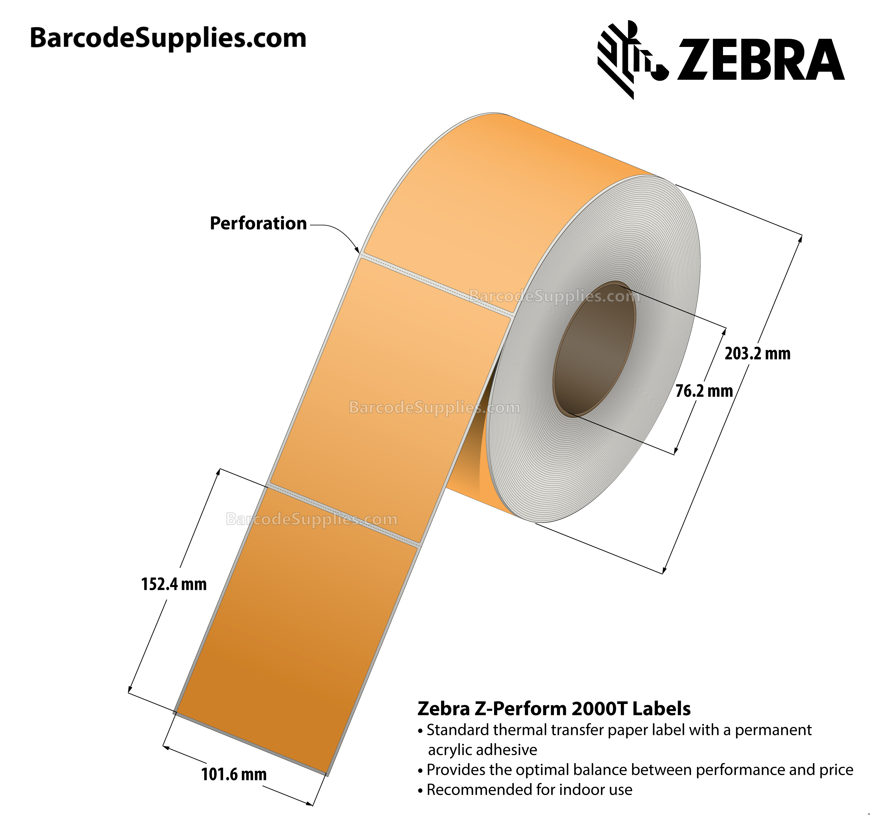 4 x 6 Thermal Transfer Fl. Orange - PMS 804 Z-Perform 2000T Floodcoated (Fl. Orange) Labels With Permanent Adhesive - Perforated - 1000 Labels Per Roll - Carton Of 4 Rolls - 4000 Labels Total - MPN: 10006208-7