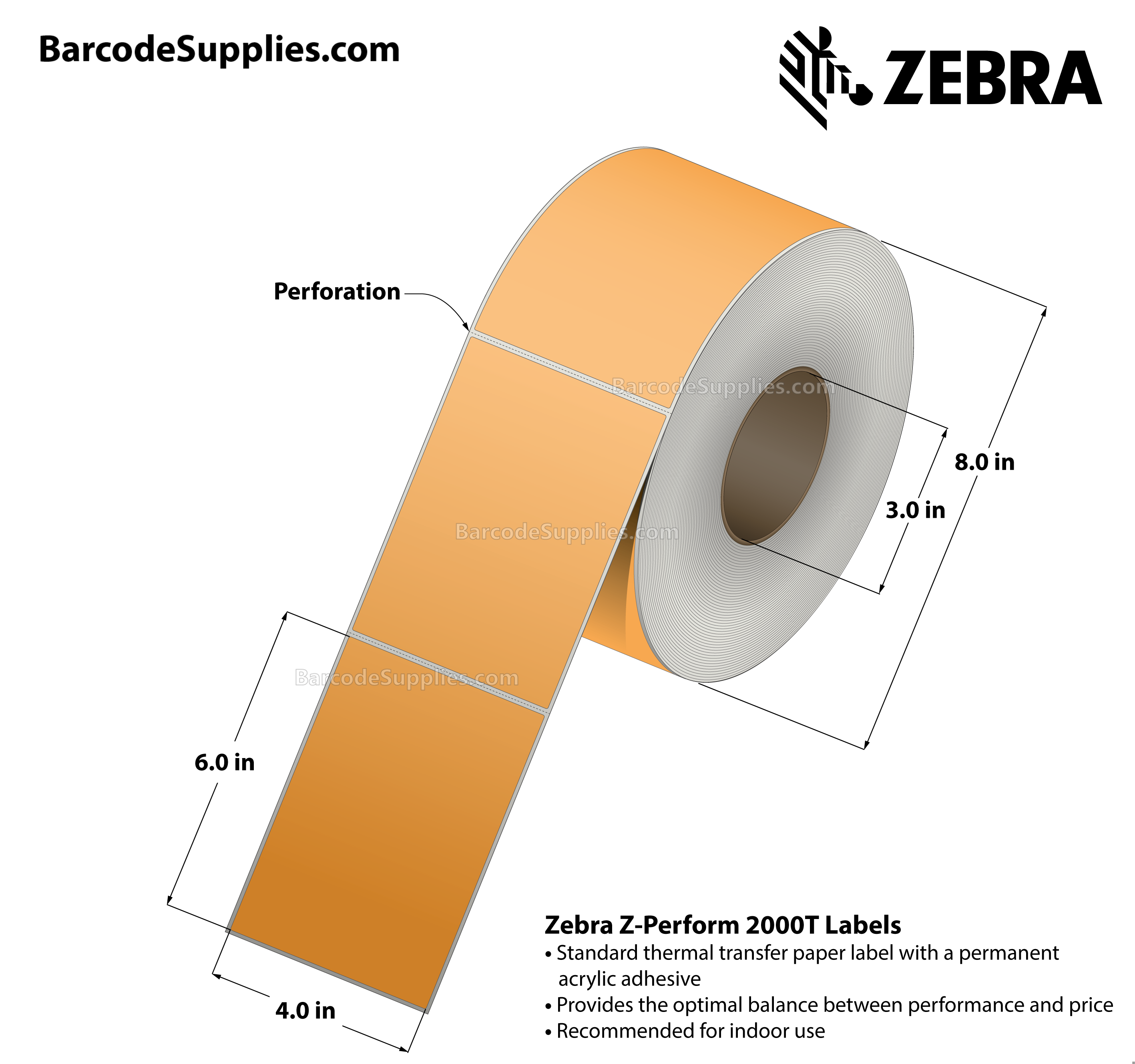 4 x 6 Thermal Transfer Fl. Orange - PMS 804 Z-Perform 2000T Floodcoated (Fl. Orange) Labels With Permanent Adhesive - Perforated - 1000 Labels Per Roll - Carton Of 4 Rolls - 4000 Labels Total - MPN: 10006208-7
