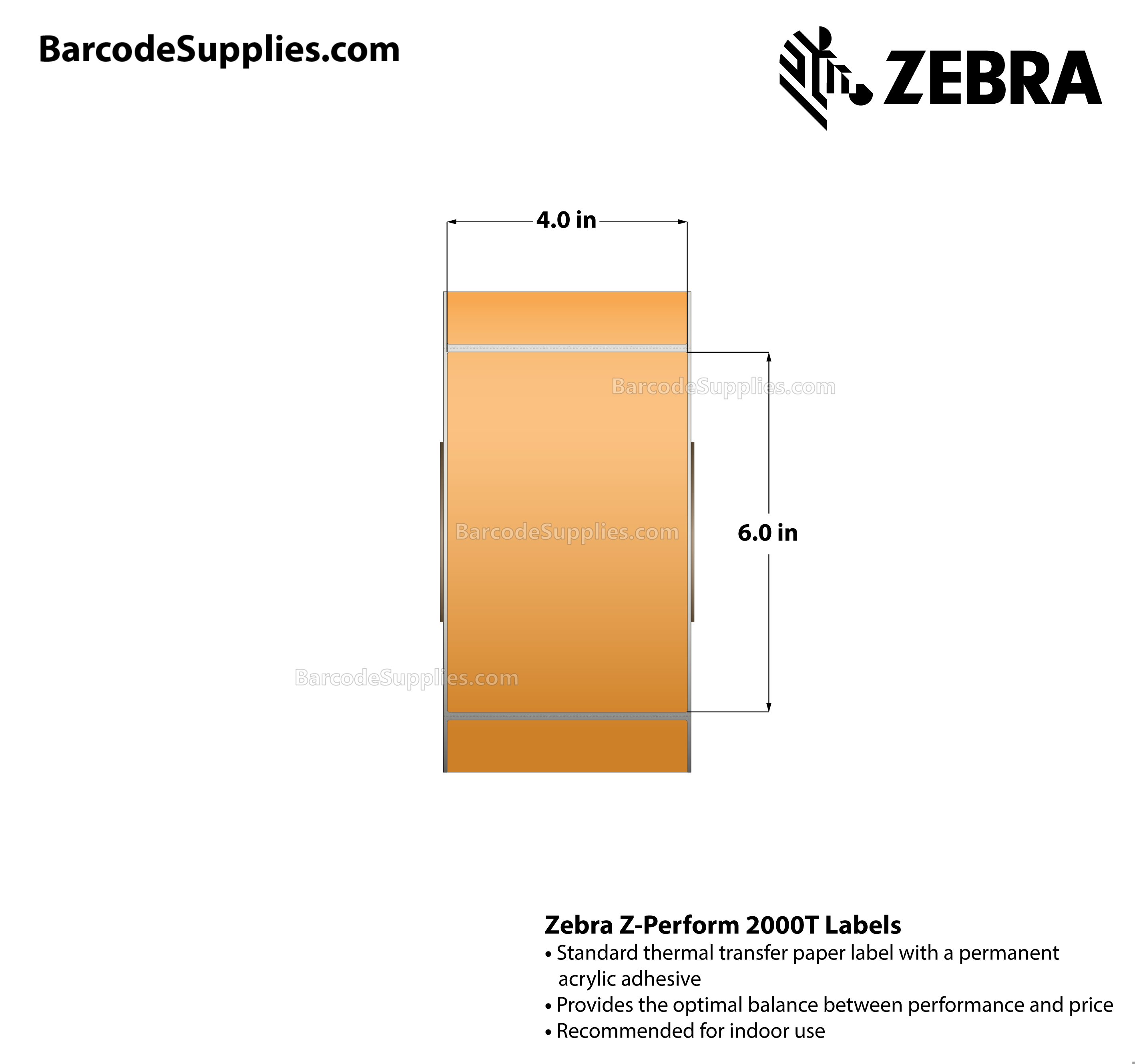 4 x 6 Thermal Transfer Fl. Orange - PMS 804 Z-Perform 2000T Floodcoated (Fl. Orange) Labels With Permanent Adhesive - Perforated - 1000 Labels Per Roll - Carton Of 4 Rolls - 4000 Labels Total - MPN: 10006208-7