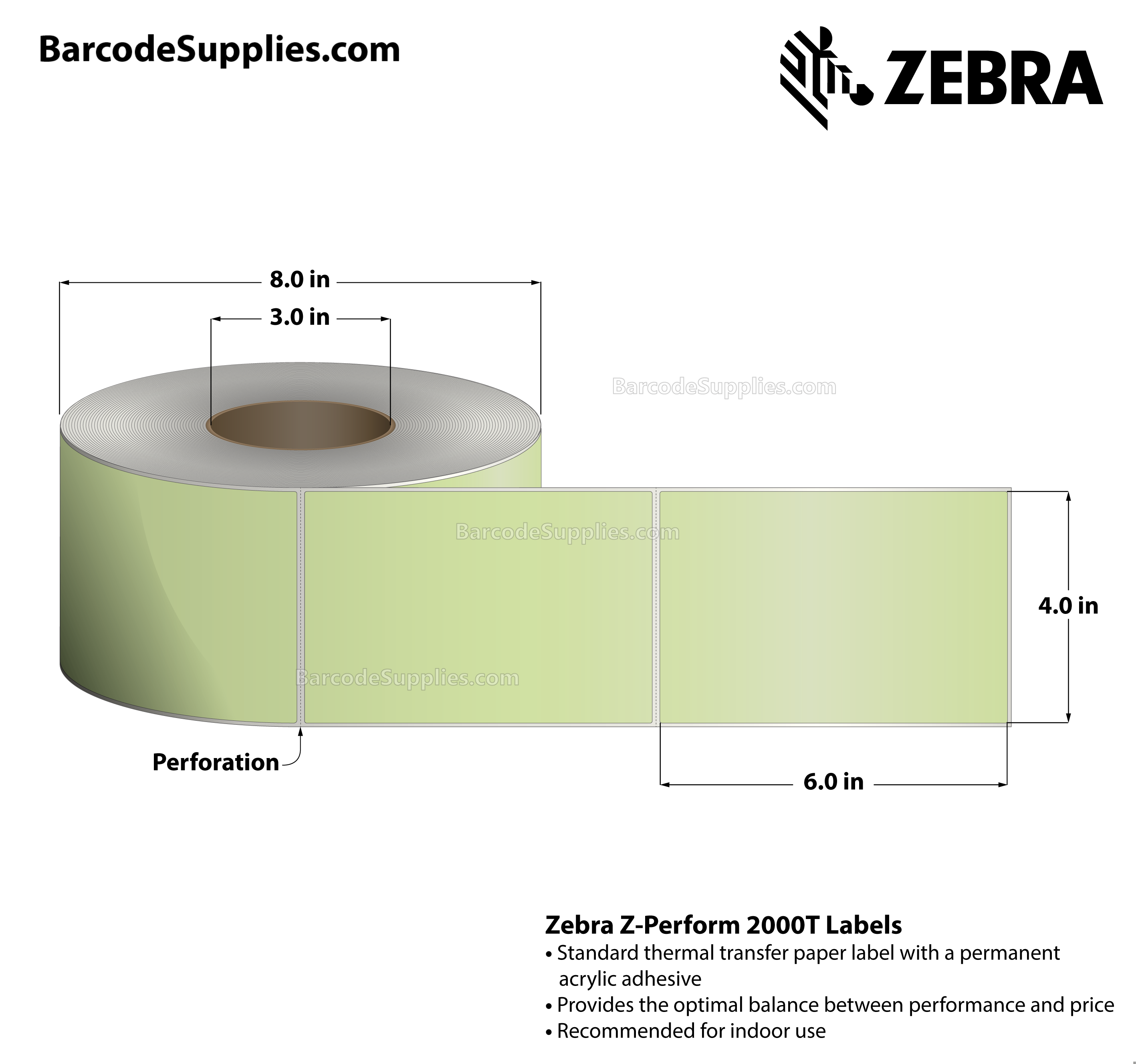 4 x 6 Thermal Transfer Green - PMS 365 Z-Perform 2000T Floodcoated (Green) Labels With Permanent Adhesive - Perforated - 1000 Labels Per Roll - Carton Of 4 Rolls - 4000 Labels Total - MPN: 10006208-2