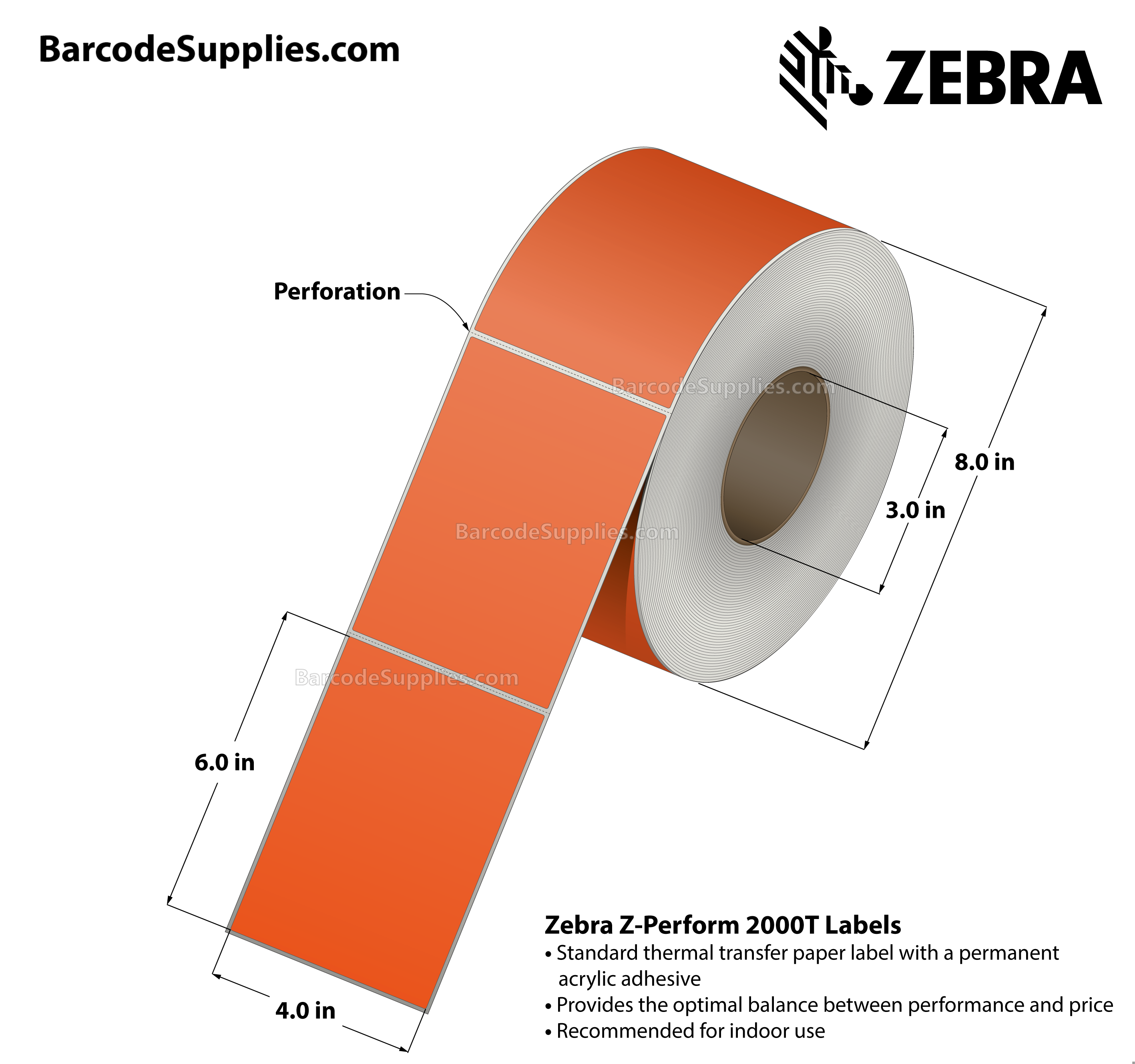 4 x 6 Thermal Transfer Orange - PMS 021 Z-Perform 2000T Floodcoated (Orange) Labels With Permanent Adhesive - Perforated - 1000 Labels Per Roll - Carton Of 4 Rolls - 4000 Labels Total - MPN: 10006208-4