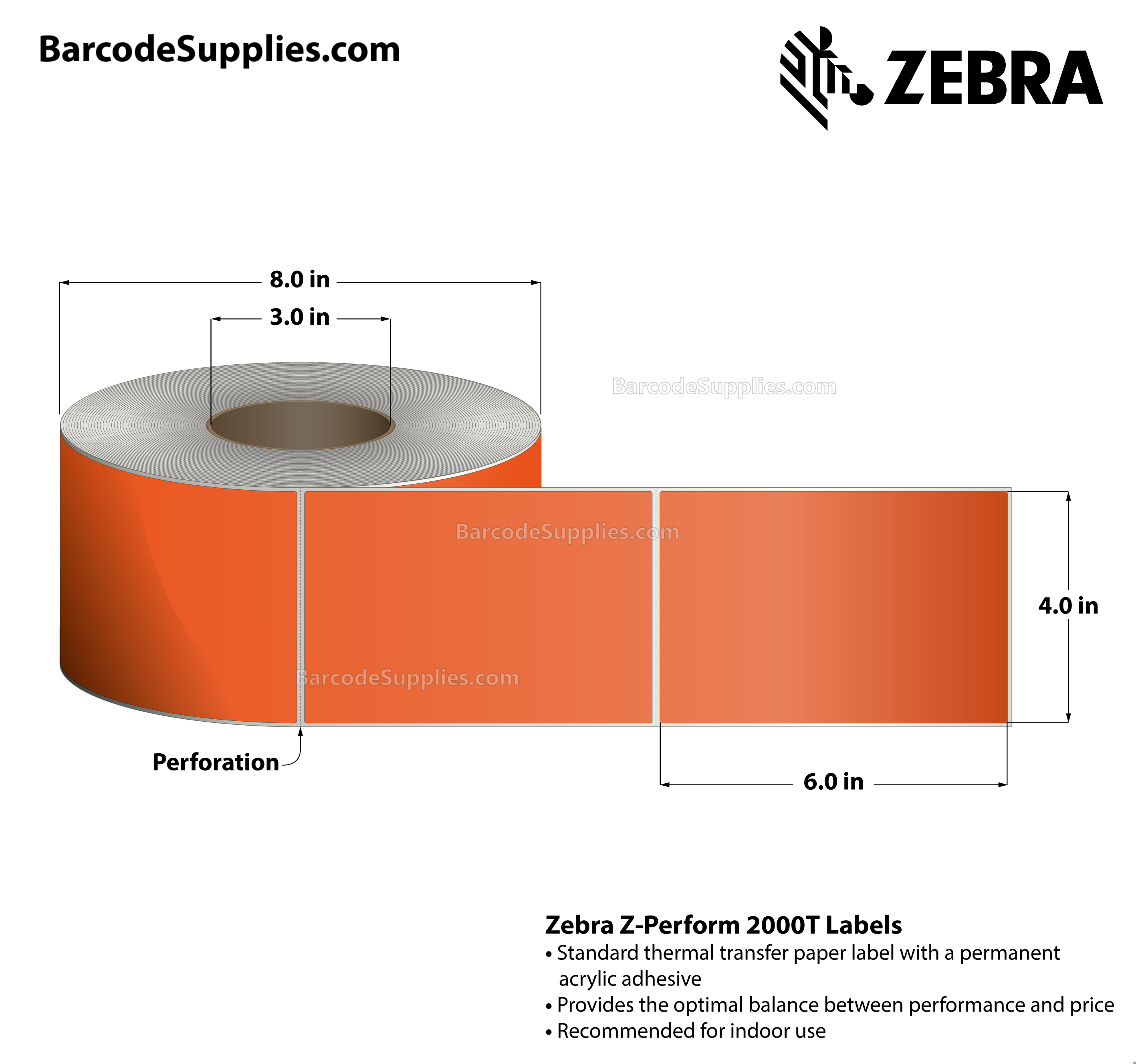 4 x 6 Thermal Transfer Orange - PMS 021 Z-Perform 2000T Floodcoated (Orange) Labels With Permanent Adhesive - Perforated - 1000 Labels Per Roll - Carton Of 4 Rolls - 4000 Labels Total - MPN: 10006208-4