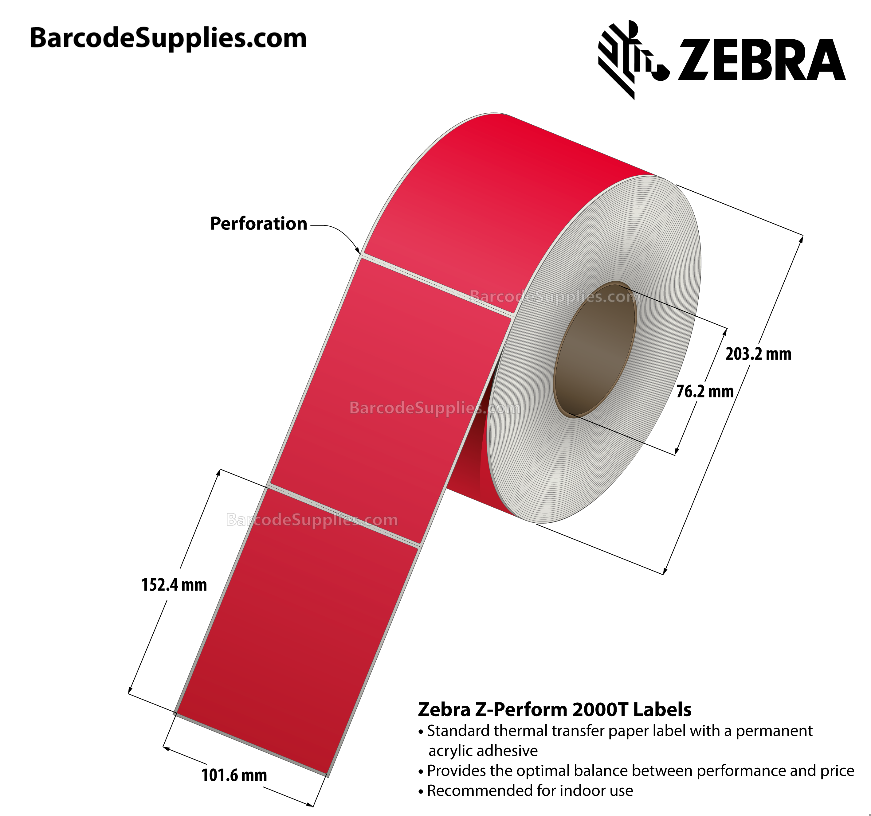 4 x 6 Thermal Transfer Red - PMS 185 Z-Perform 2000T Floodcoated (Red) Labels With Permanent Adhesive - Perforated - 1000 Labels Per Roll - Carton Of 4 Rolls - 4000 Labels Total - MPN: 10006208-5