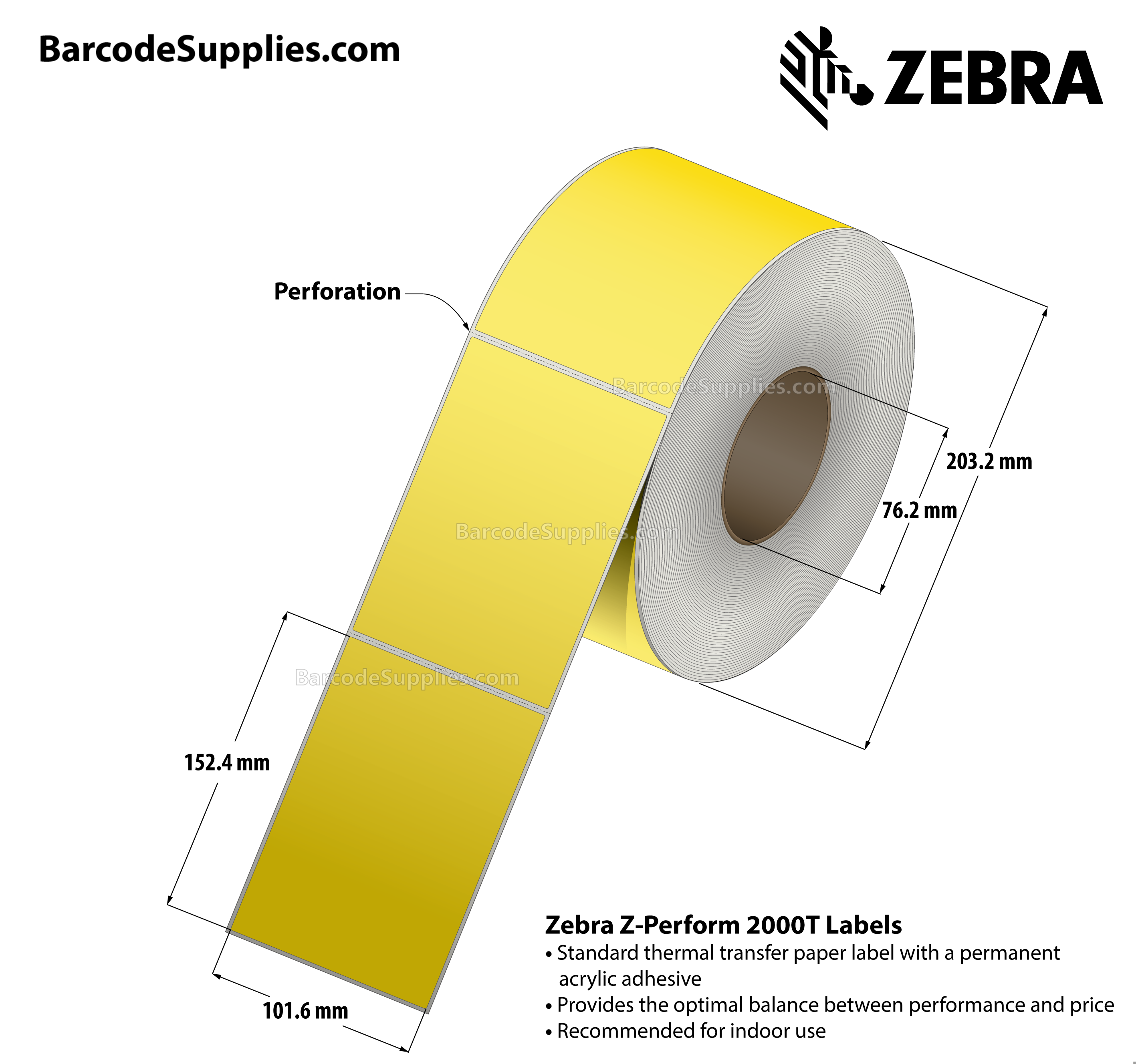 4 x 6 Thermal Transfer Yellow - Pantone Yellow Z-Perform 2000T Floodcoated (Yellow) Labels With Permanent Adhesive - Perforated - 1000 Labels Per Roll - Carton Of 4 Rolls - 4000 Labels Total - MPN: 10006208-1