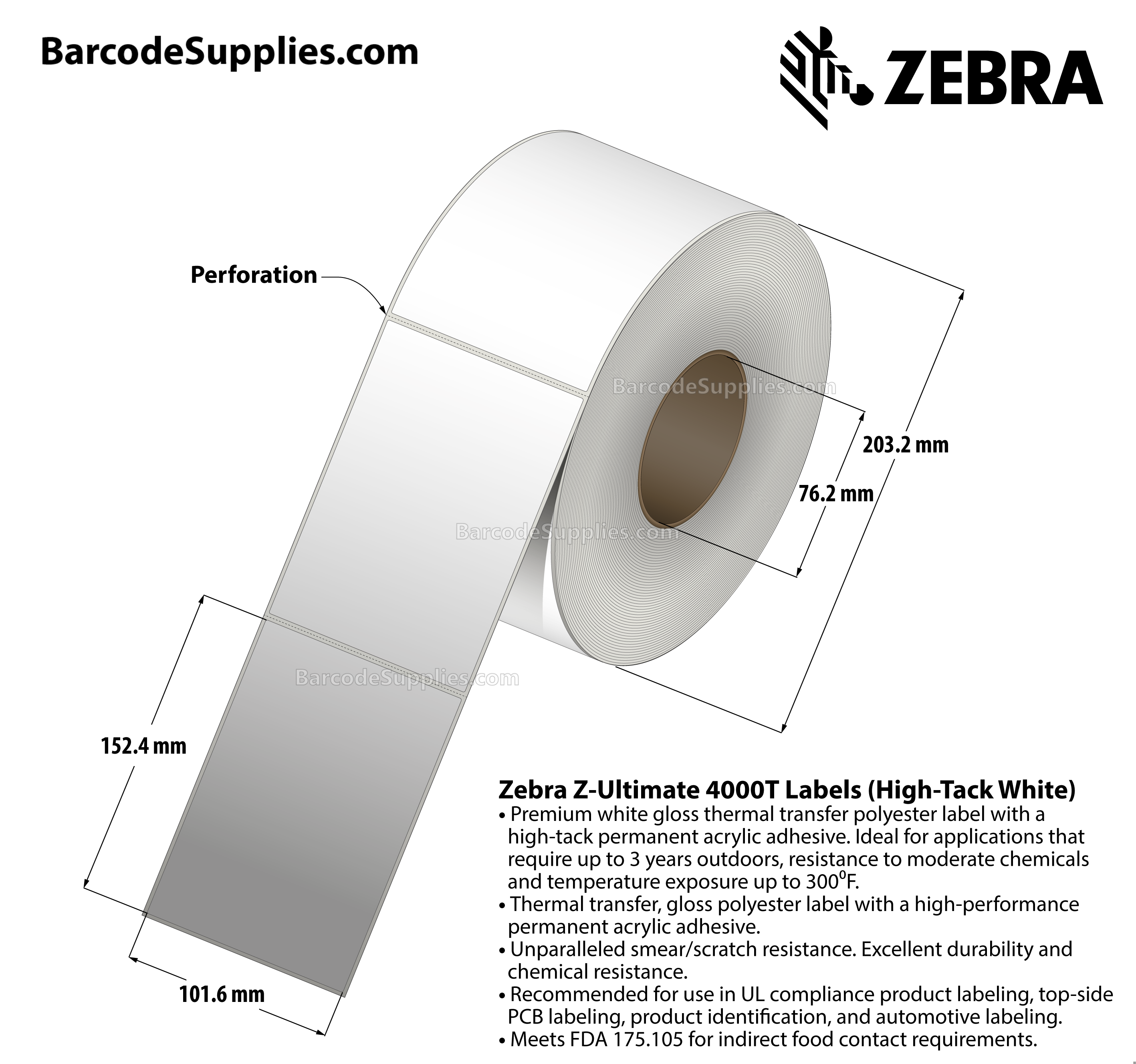 4 x 6 Thermal Transfer White Z-Ultimate 4000T High-Tack White Labels With High-tack Adhesive - Perforated - 790 Labels Per Roll - Carton Of 4 Rolls - 3160 Labels Total - MPN: 10008519