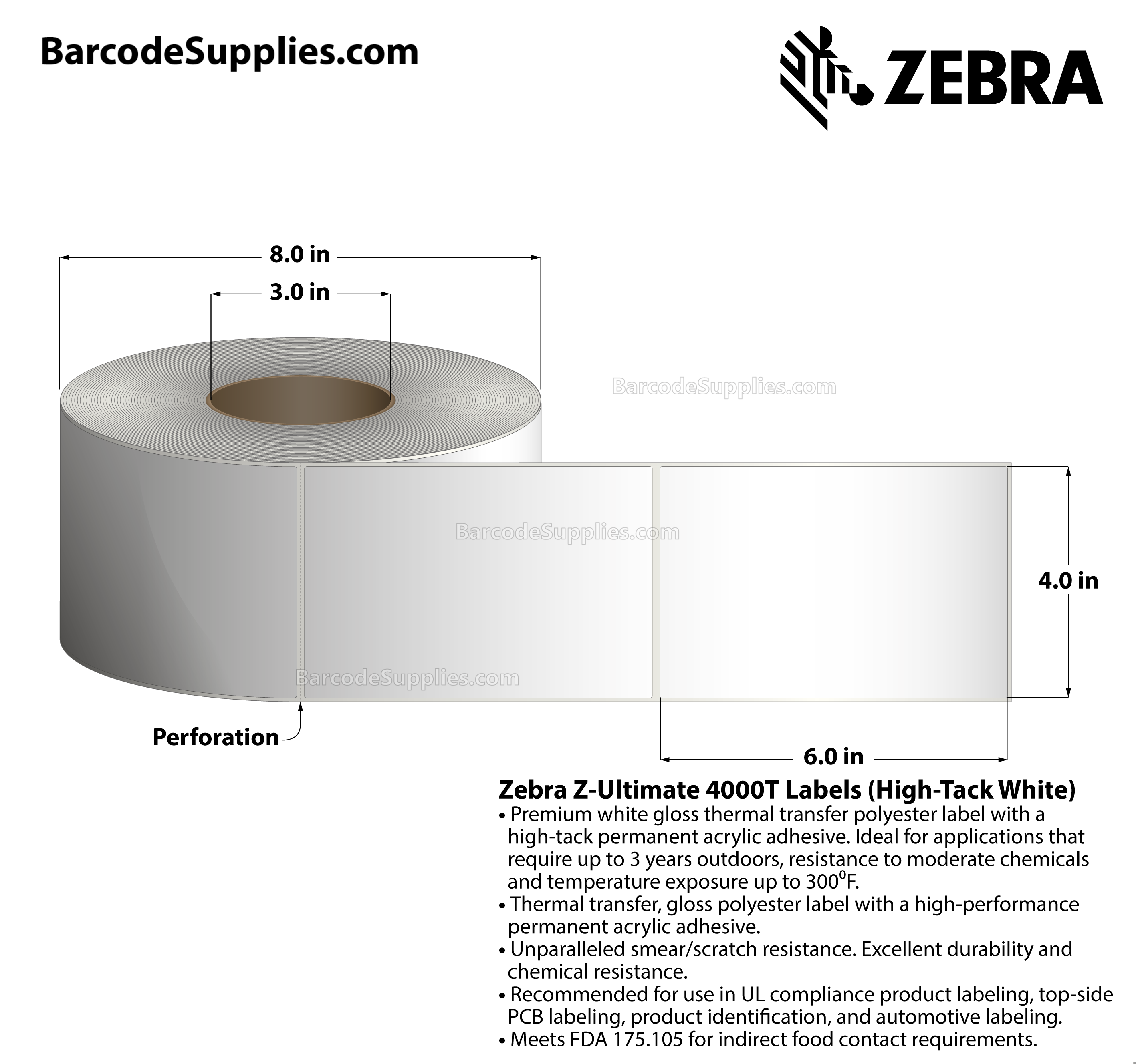 4 x 6 Thermal Transfer White Z-Ultimate 4000T High-Tack White Labels With High-tack Adhesive - Perforated - 790 Labels Per Roll - Carton Of 4 Rolls - 3160 Labels Total - MPN: 10008519