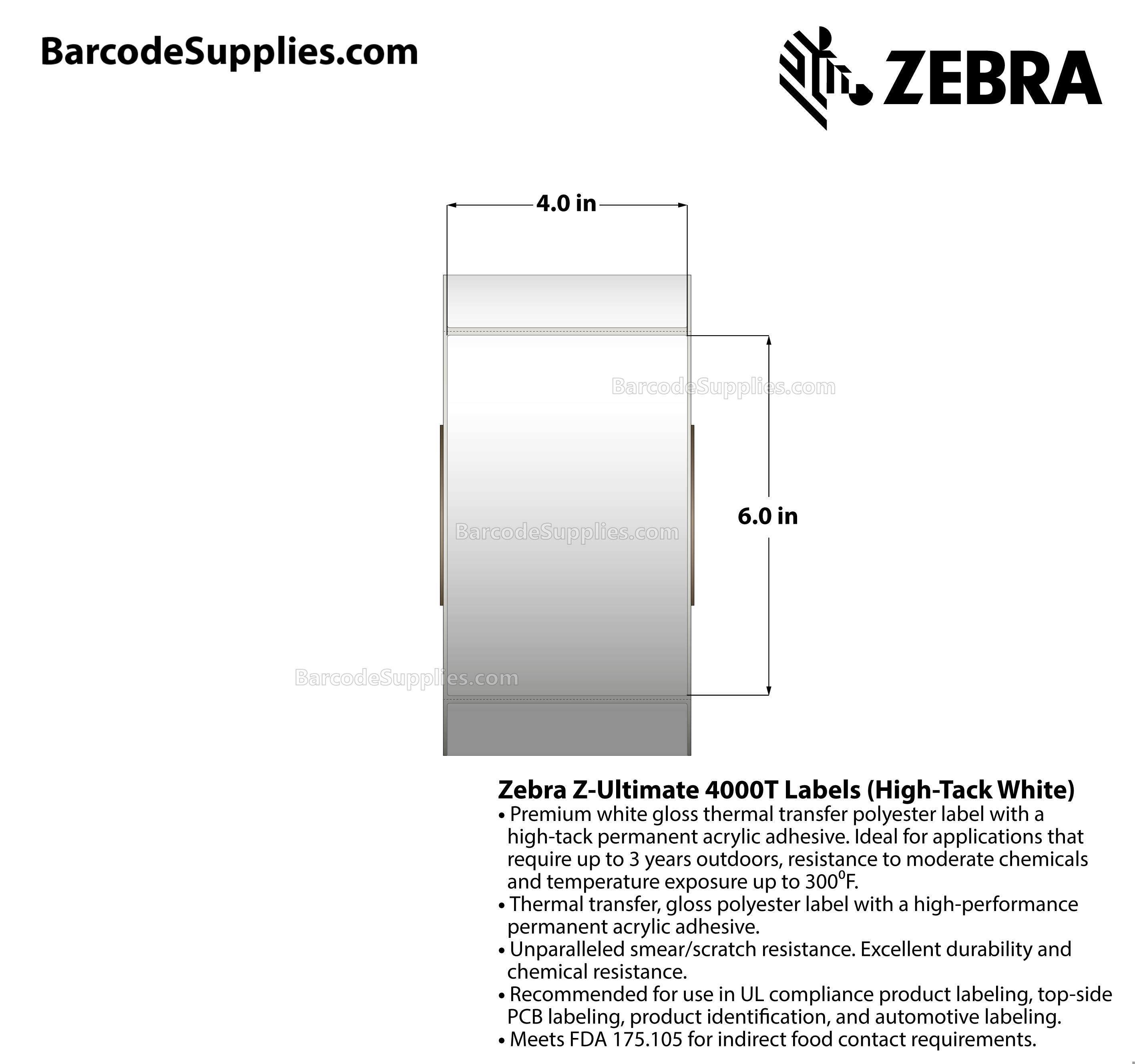 4 x 6 Thermal Transfer White Z-Ultimate 4000T High-Tack White Labels With High-tack Adhesive - Perforated - 790 Labels Per Roll - Carton Of 4 Rolls - 3160 Labels Total - MPN: 10008519