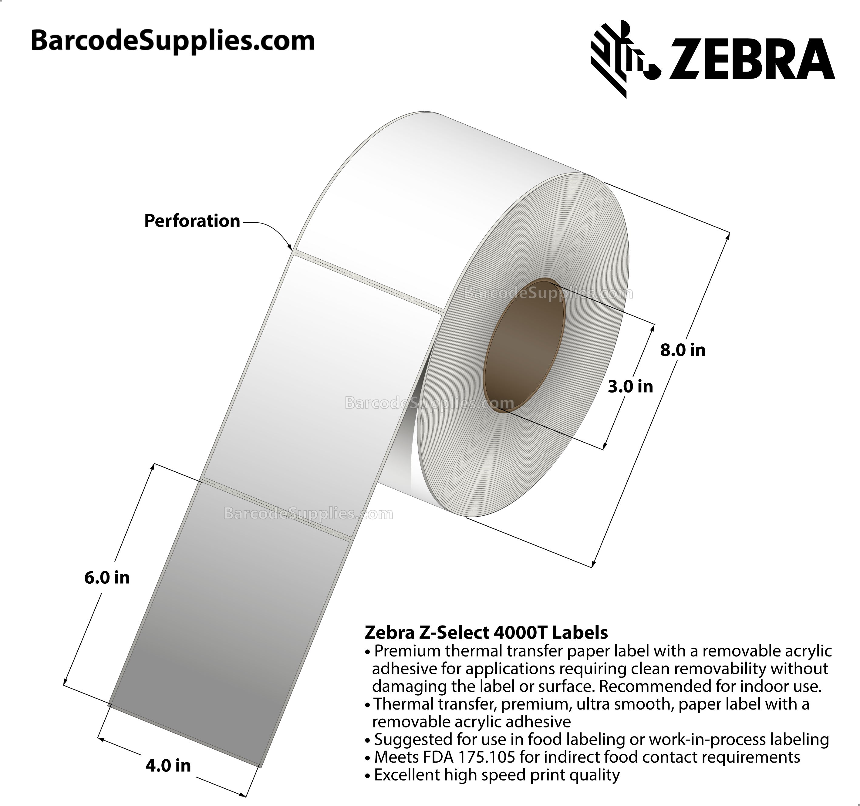 4 x 6 Thermal Transfer White Z-Select 4000T Removable Labels With Removable Adhesive - Perforated - 1000 Labels Per Roll - Carton Of 4 Rolls - 4000 Labels Total - MPN: 10005486