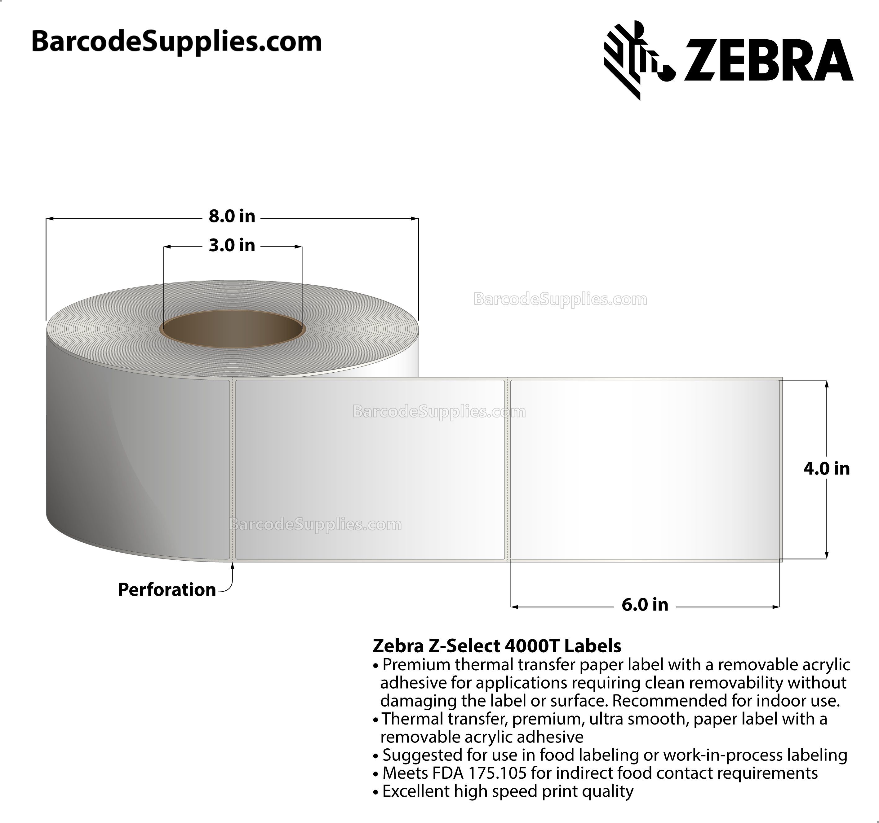 4 x 6 Thermal Transfer White Z-Select 4000T Removable Labels With Removable Adhesive - Perforated - 1000 Labels Per Roll - Carton Of 4 Rolls - 4000 Labels Total - MPN: 10005486