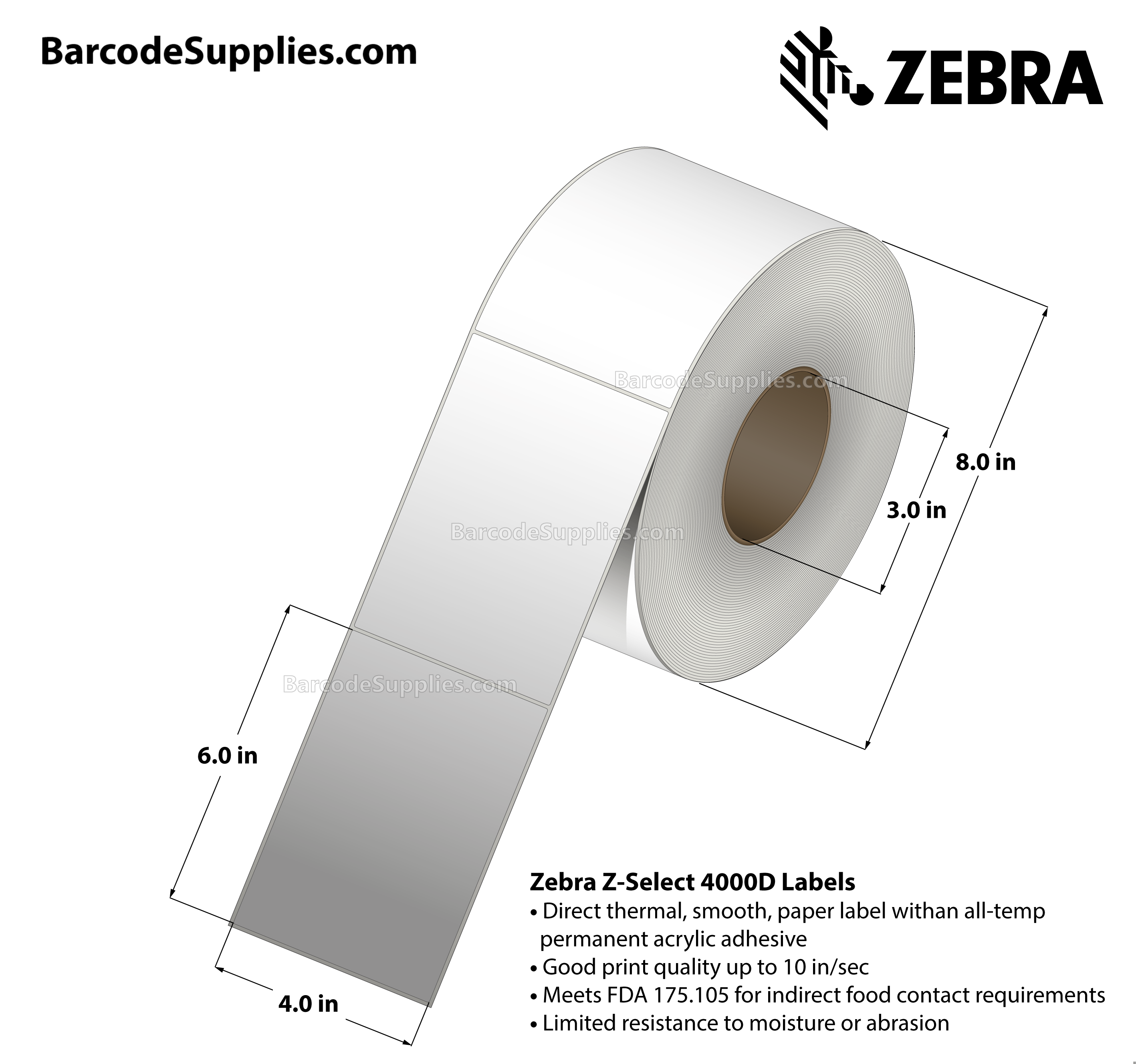 4 x 6 Direct Thermal White Z-Select 4000D Labels With All-Temp Adhesive - Not Perforated - 950 Labels Per Roll - Carton Of 4 Rolls - 3800 Labels Total - MPN: 72345