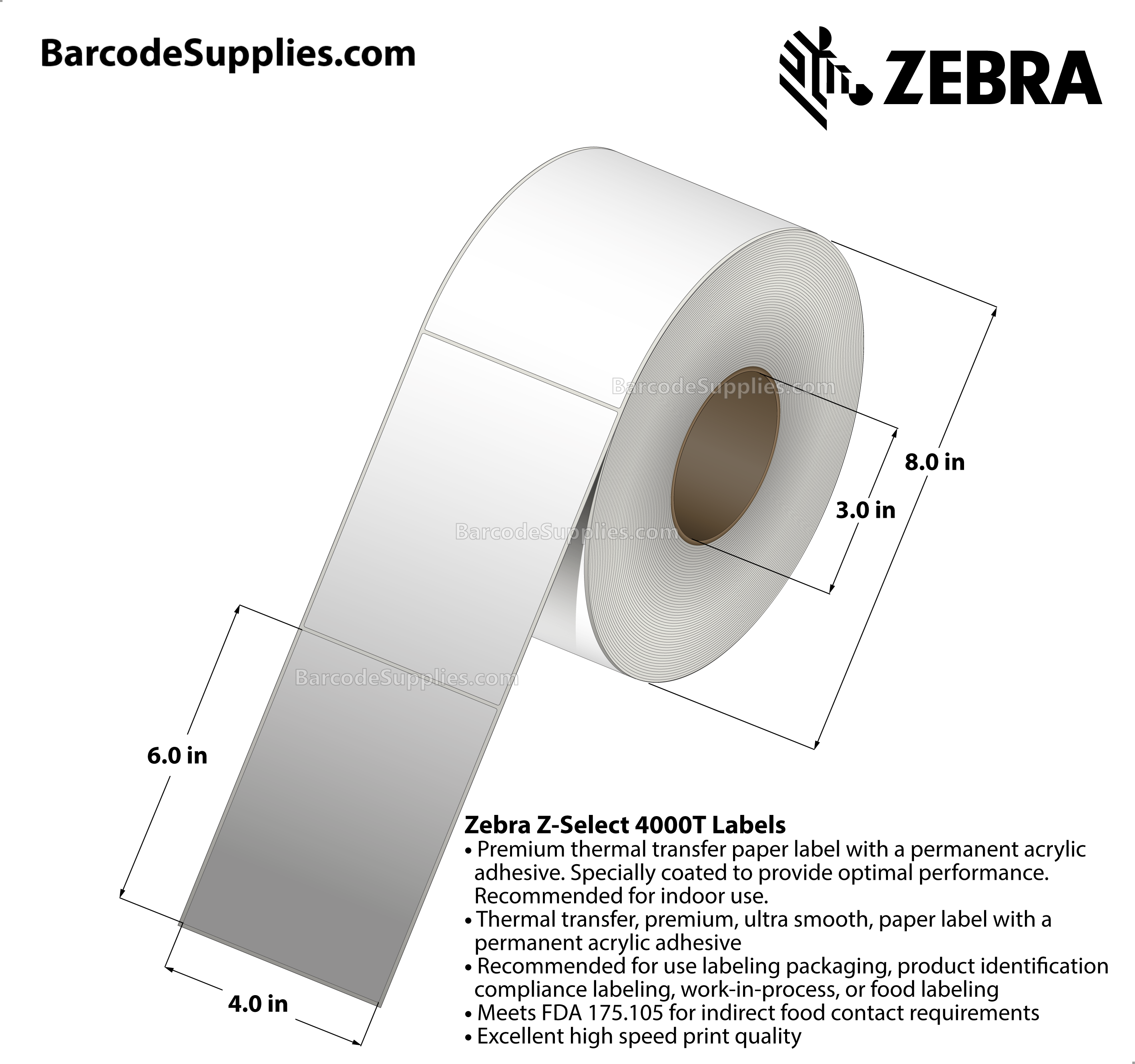 4 x 6 Thermal Transfer White Z-Select 4000T Labels With Permanent Adhesive - Not Perforated - 950 Labels Per Roll - Carton Of 4 Rolls - 3800 Labels Total - MPN: 72353
