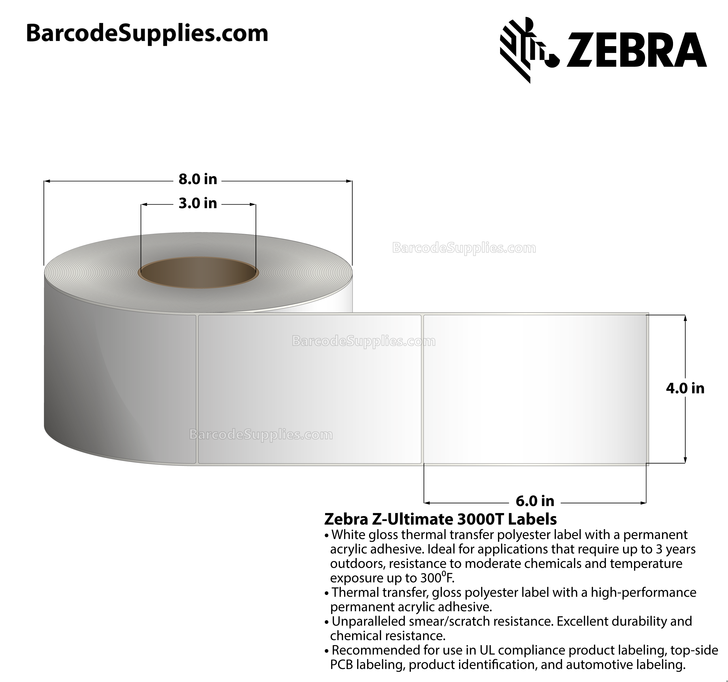 4 x 6 Thermal Transfer White Z-Ultimate 3000T Labels With Permanent Adhesive - Not Perforated - 960 Labels Per Roll - Carton Of 4 Rolls - 3840 Labels Total - MPN: 66458