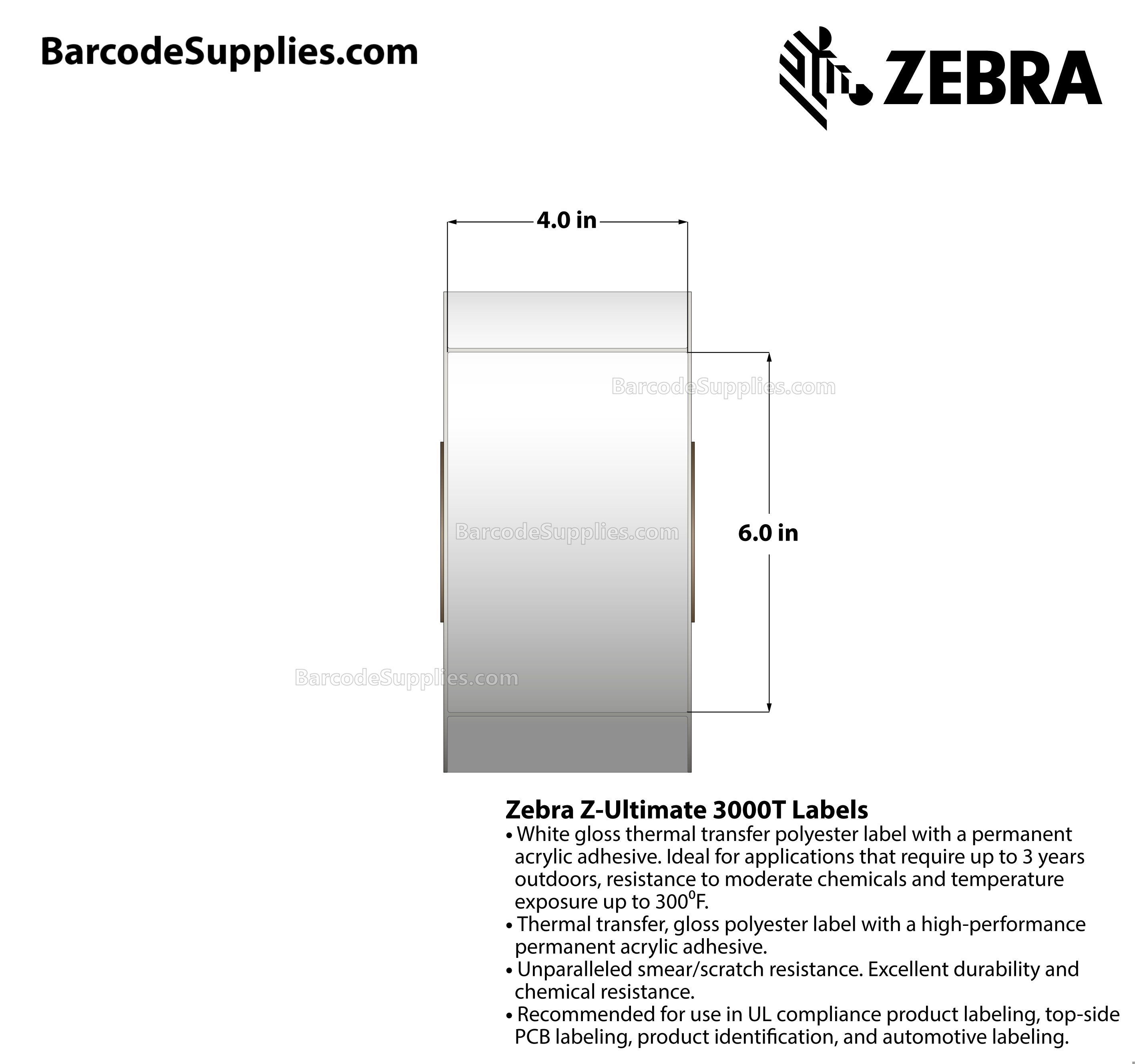 4 x 6 Thermal Transfer White Z-Ultimate 3000T Labels With Permanent Adhesive - Not Perforated - 960 Labels Per Roll - Carton Of 4 Rolls - 3840 Labels Total - MPN: 66458