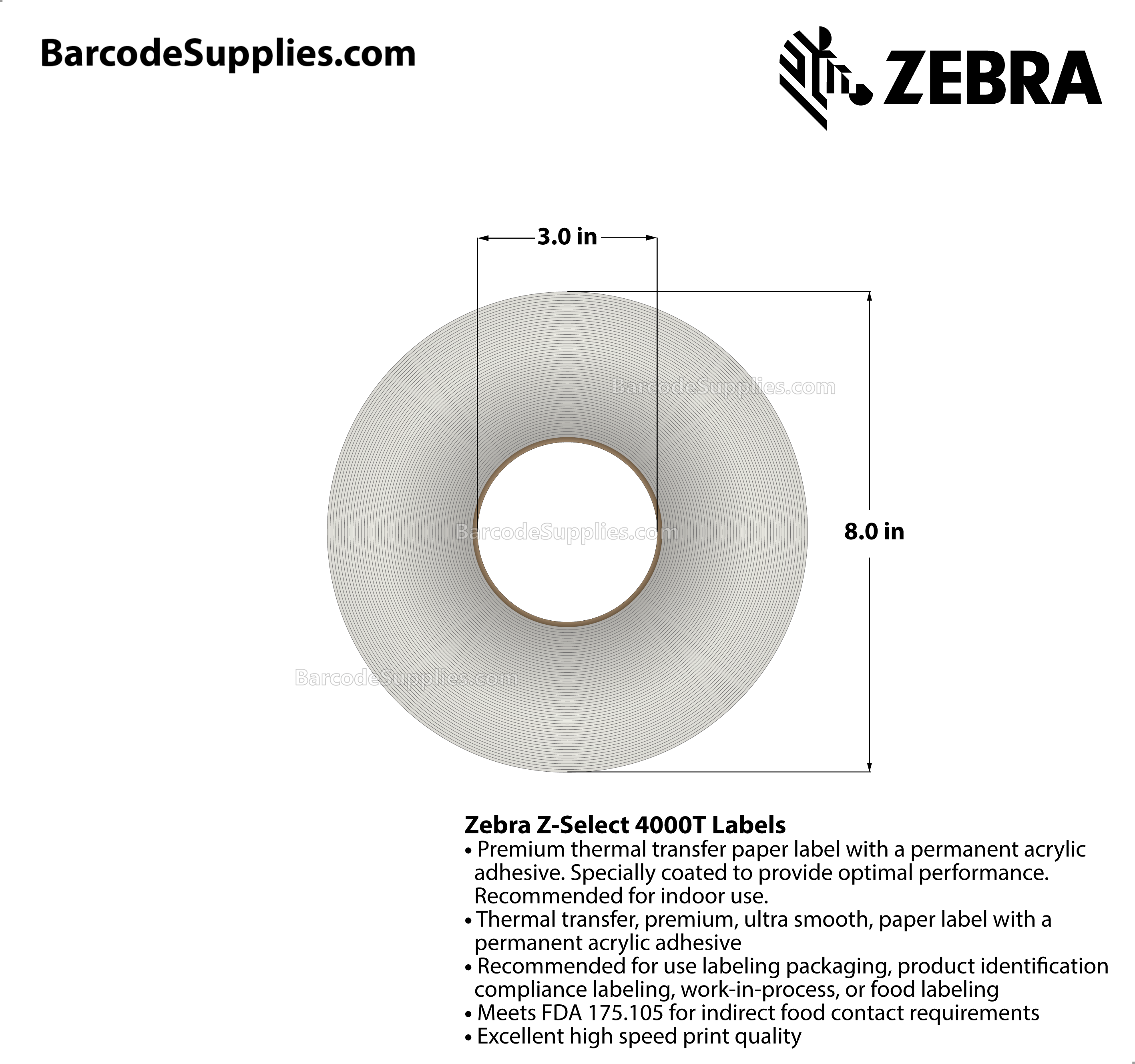 4 x 6 Thermal Transfer White Z-Select 4000T Labels With Permanent Adhesive - Not Perforated - 950 Labels Per Roll - Carton Of 4 Rolls - 3800 Labels Total - MPN: 72353