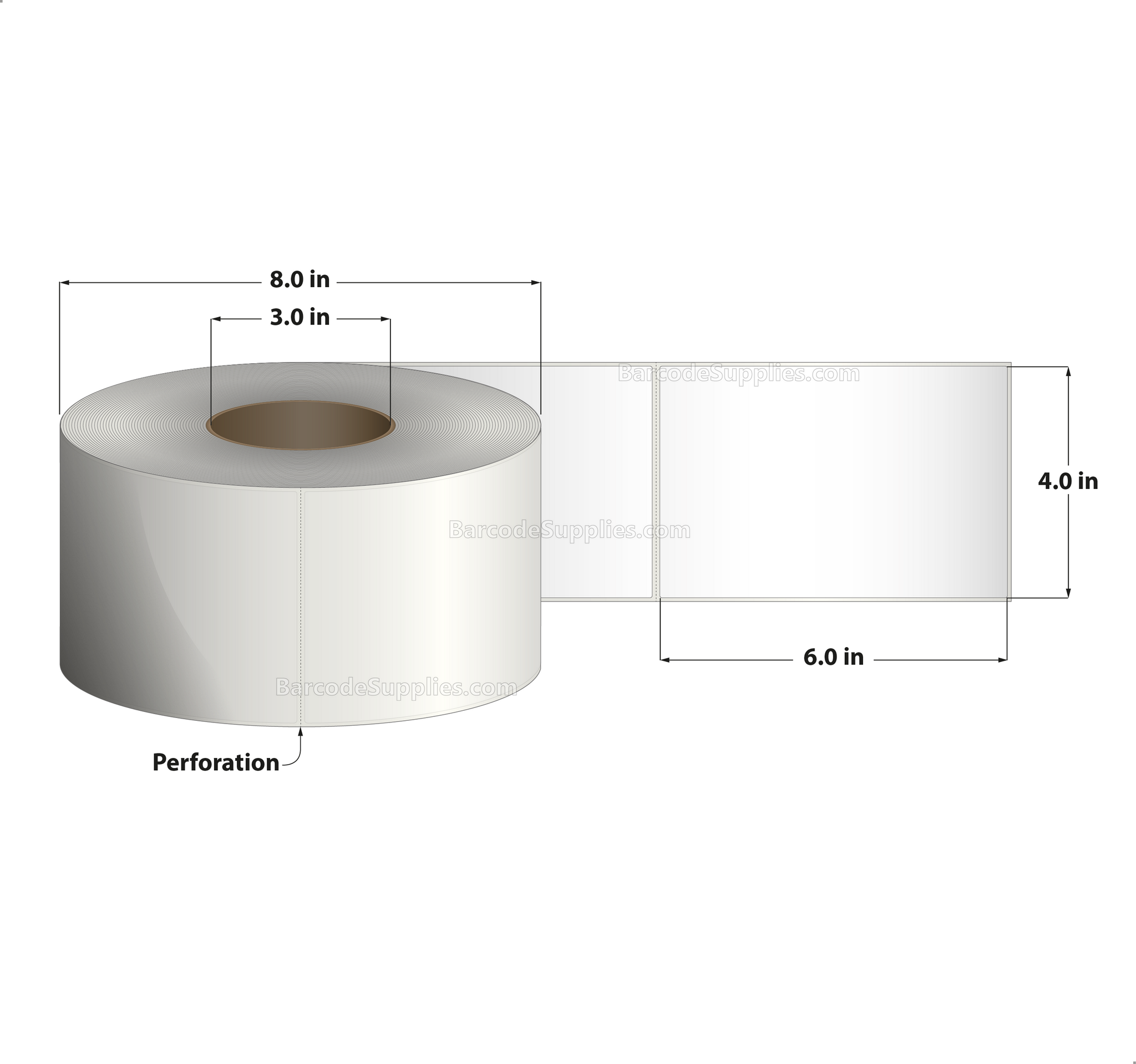 4 x 6 Thermal Transfer White Labels With Permanent Adhesive - Perforated - 1000 Labels Per Roll - Carton Of 4 Rolls - 4000 Labels Total - MPN: RT-4-6-1000-IN