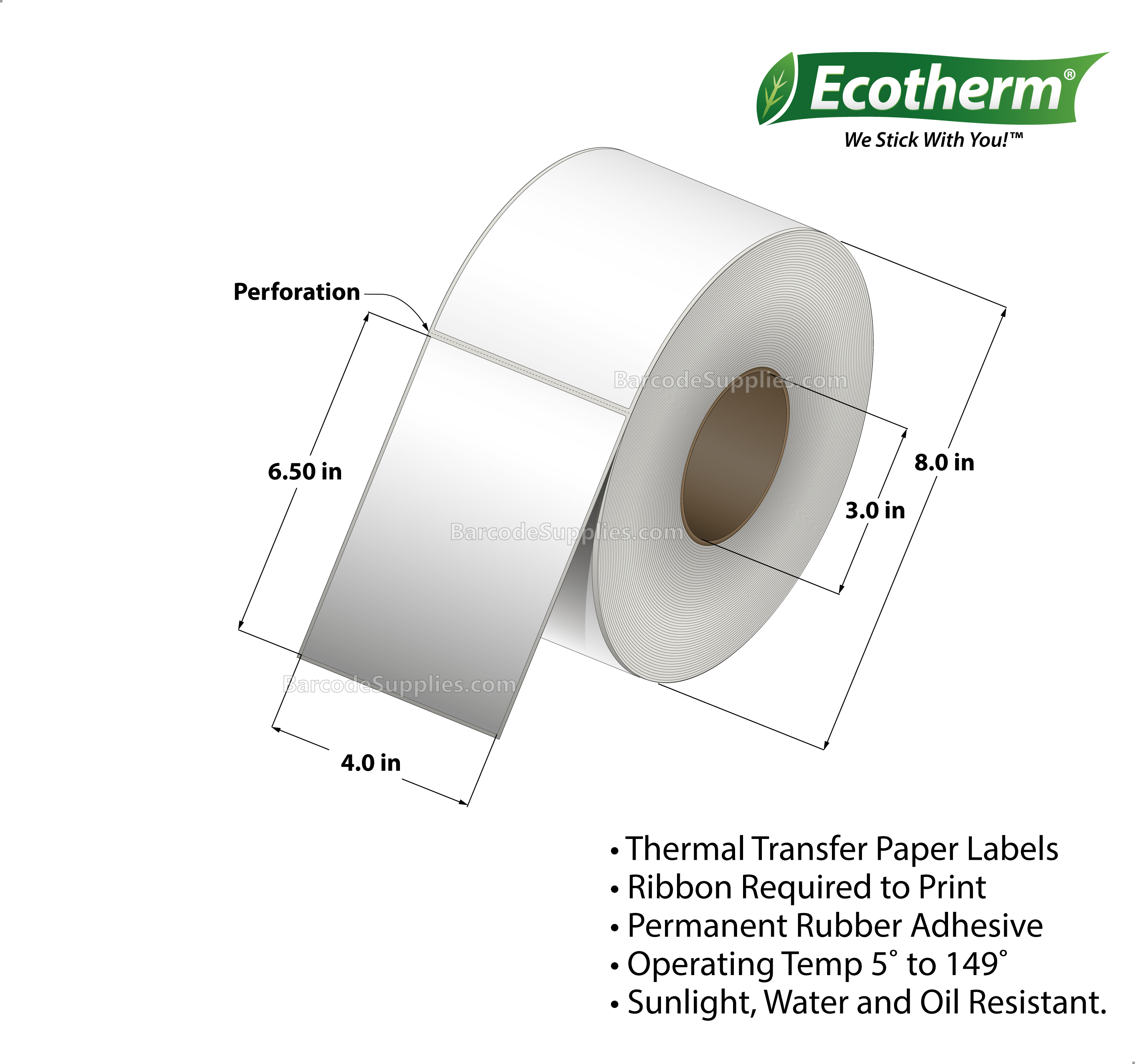 4 x 6.5 Thermal Transfer White Labels With Rubber Adhesive - Perforated - 925 Labels Per Roll - Carton Of 4 Rolls - 3700 Labels Total - MPN: ECOTHERM28146-4
