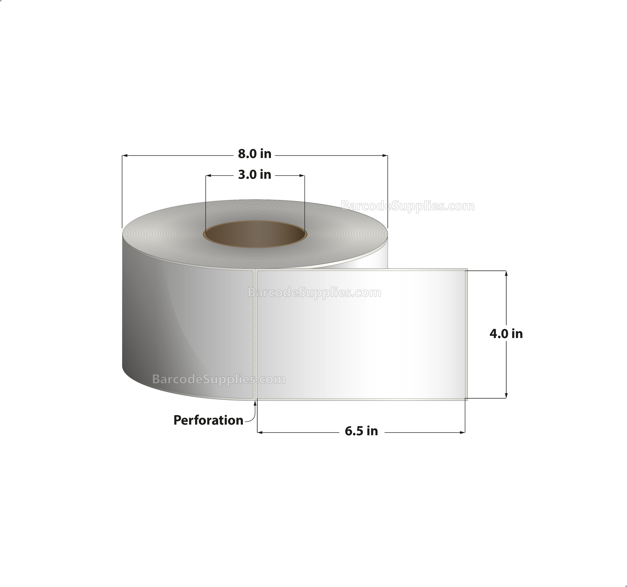 4 x 6.5 Direct Thermal White Labels With Acrylic Adhesive - Perforated - 900 Labels Per Roll - Carton Of 4 Rolls - 3600 Labels Total - MPN: RD-4-65-900-3 - BarcodeSource, Inc.